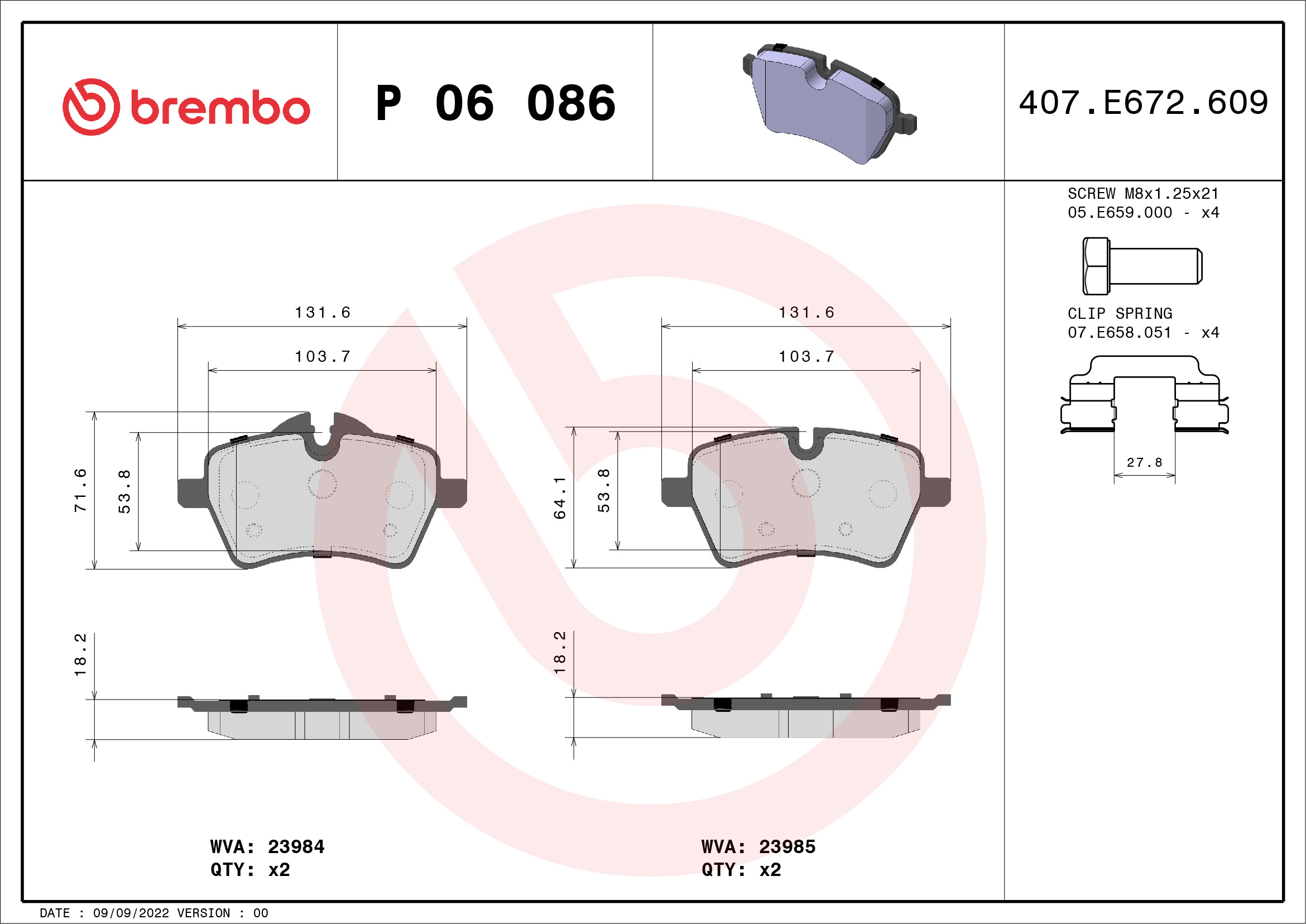 Jogo de 4 pastilhas de travão BREMBO ref. P 06 086