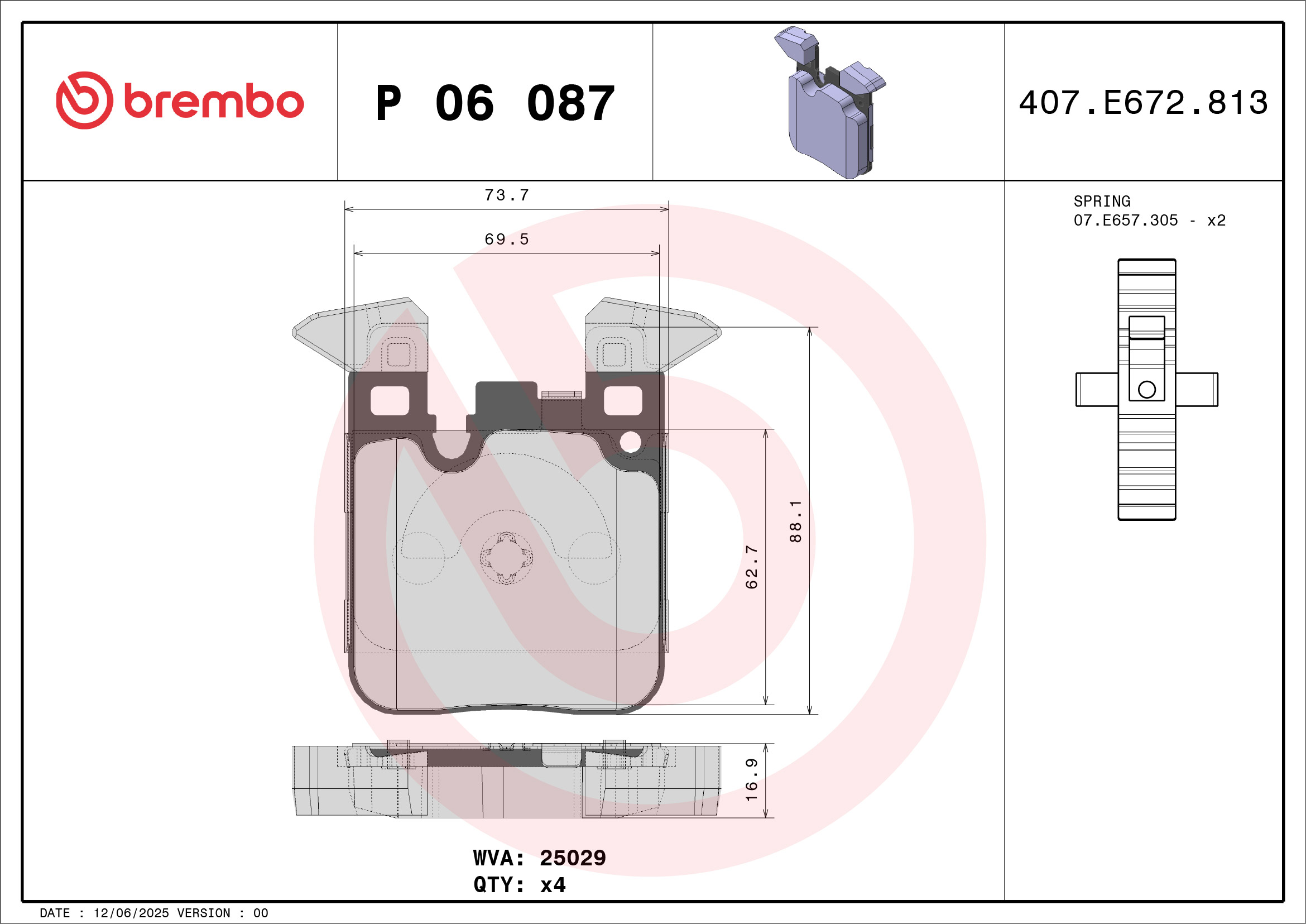 Jogo de 4 pastilhas de travão BREMBO ref. P 06 087
