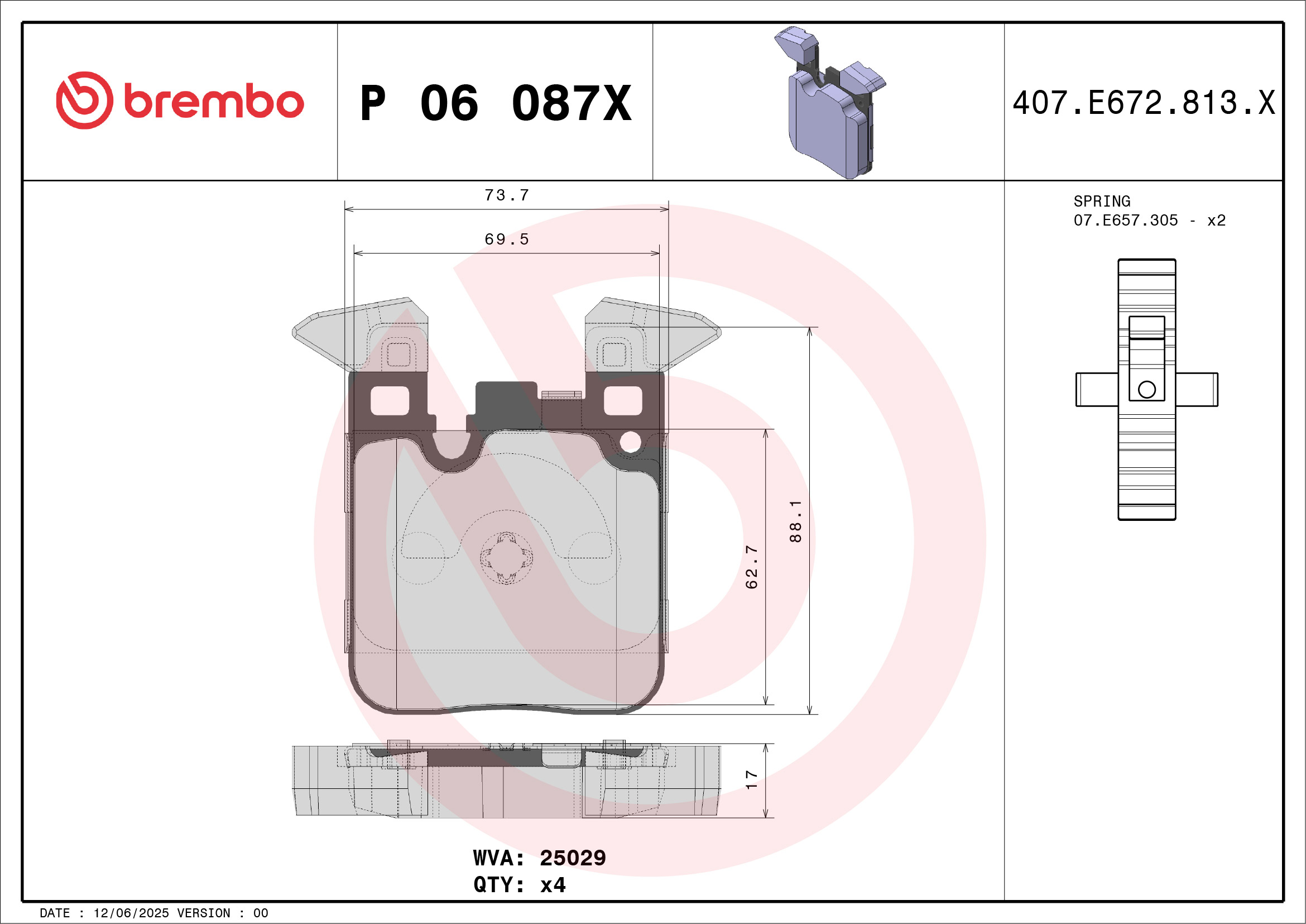 Jogo de 4 pastilhas de travão BREMBO ref. P 06 087X
