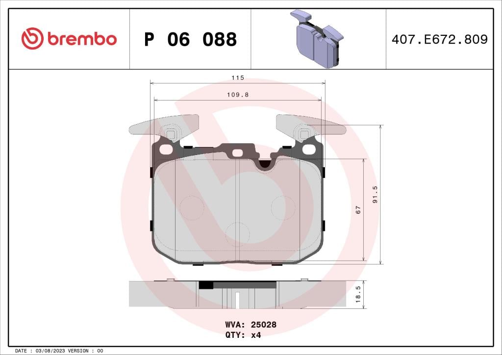 Jogo de 4 pastilhas de travão BREMBO ref. P 06 088