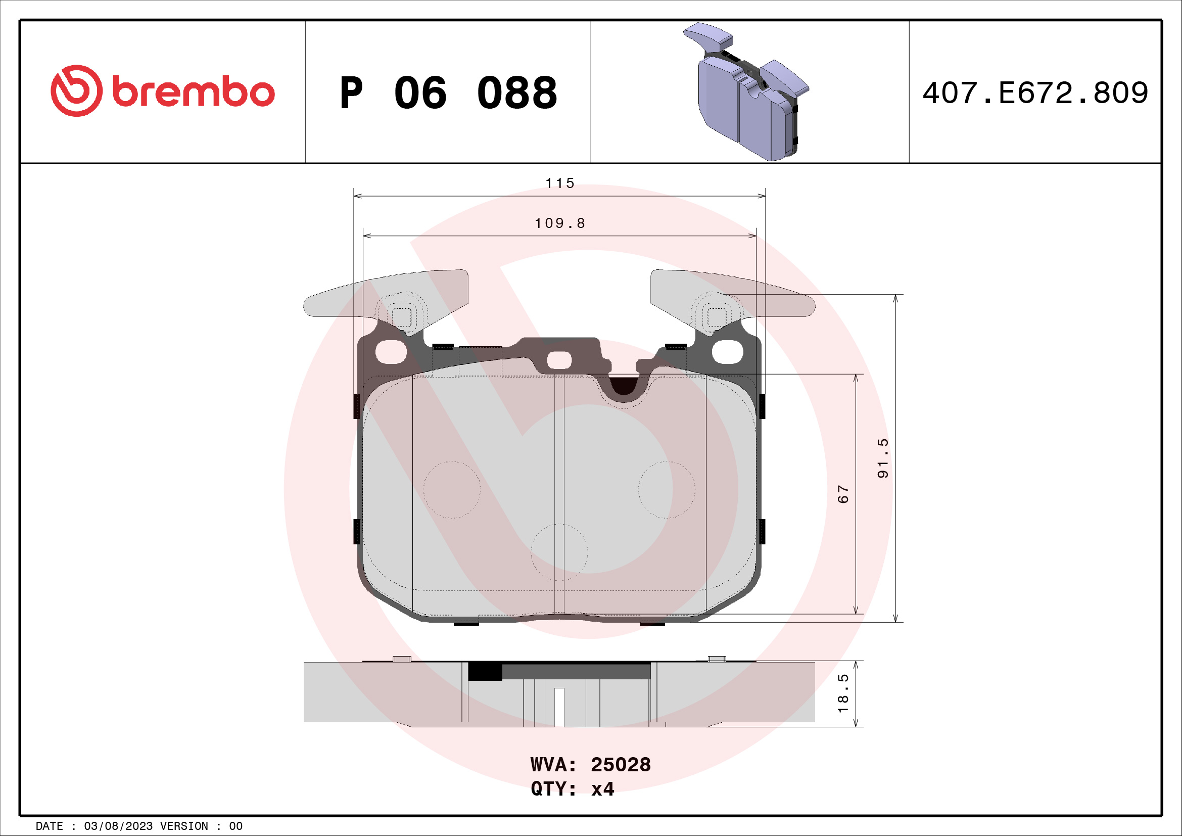 Jogo de 4 pastilhas de travão BREMBO ref. P 06 088