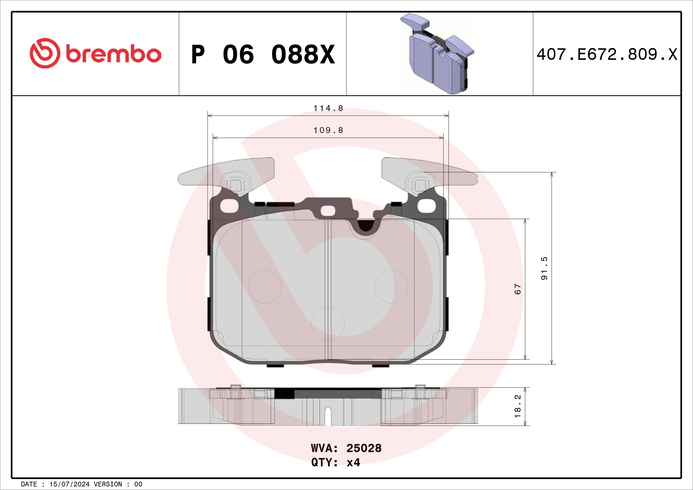 Jogo de 4 pastilhas de travão BREMBO ref. P 06 088X