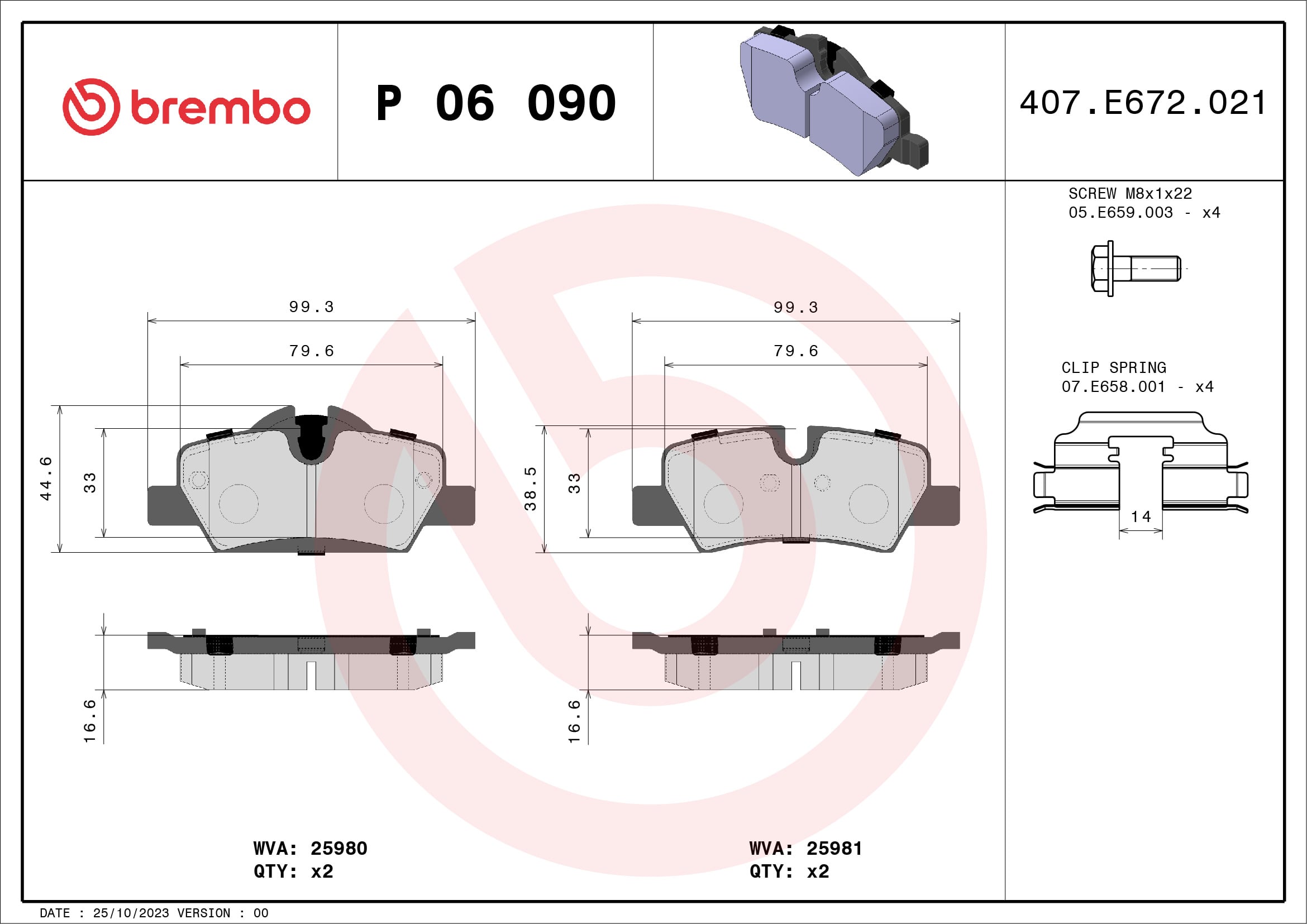 Jeu de 4 plaquettes de frein BREMBO ref. P 06 090