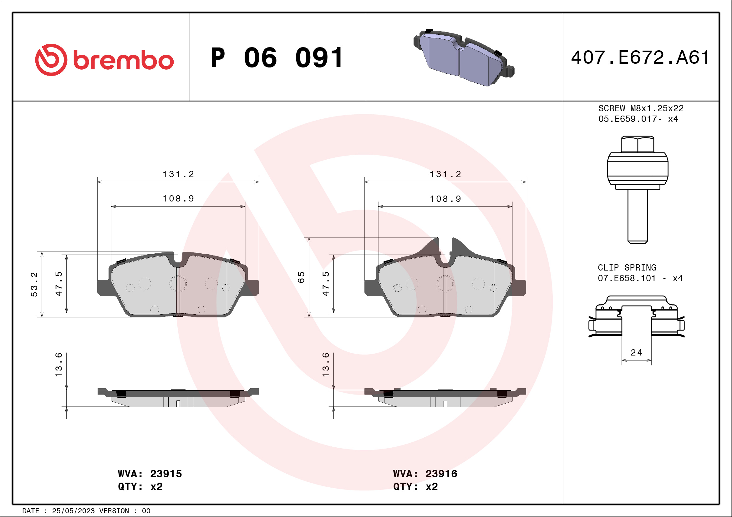 Jogo de 4 pastilhas de travão BREMBO ref. P 06 091
