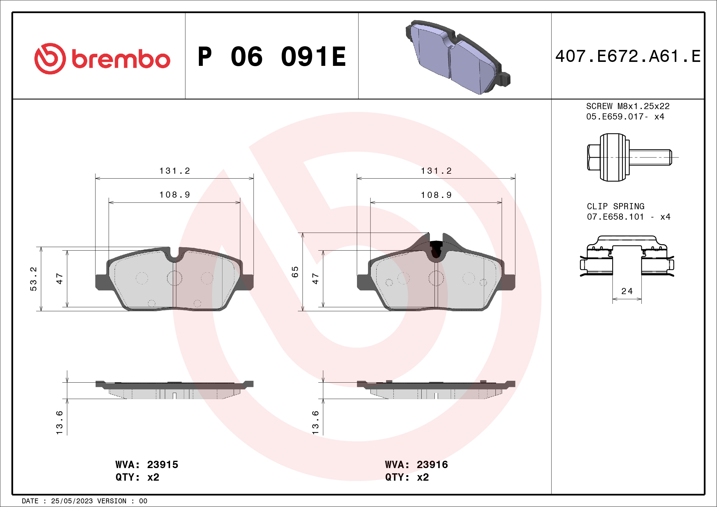 Jogo de 4 pastilhas de travão BREMBO ref. P 06 091E