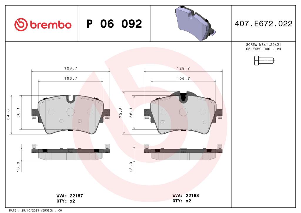 Jeu de 4 plaquettes de frein BREMBO ref. P 06 092