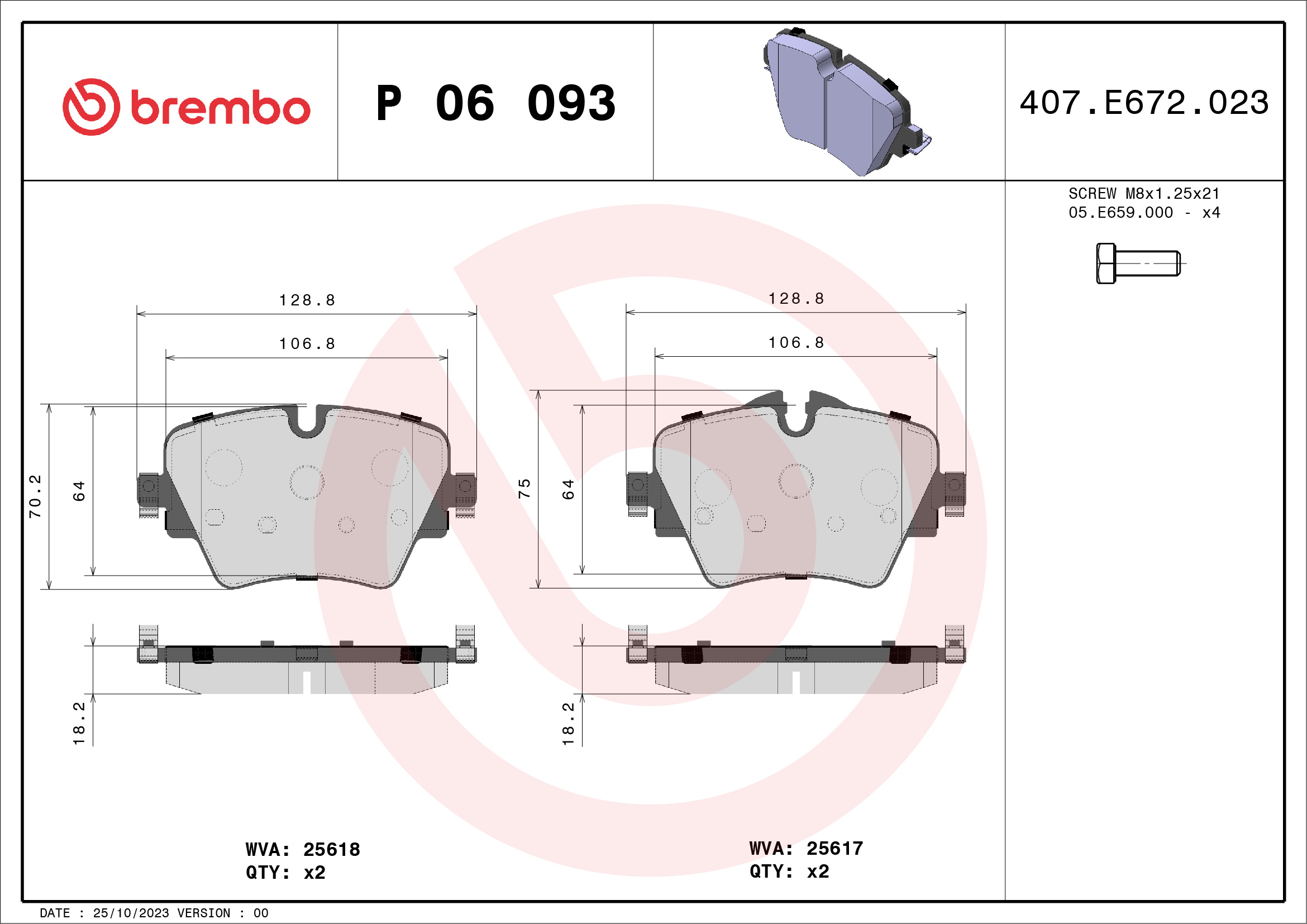 Jogo de 4 pastilhas de travão BREMBO ref. P 06 093