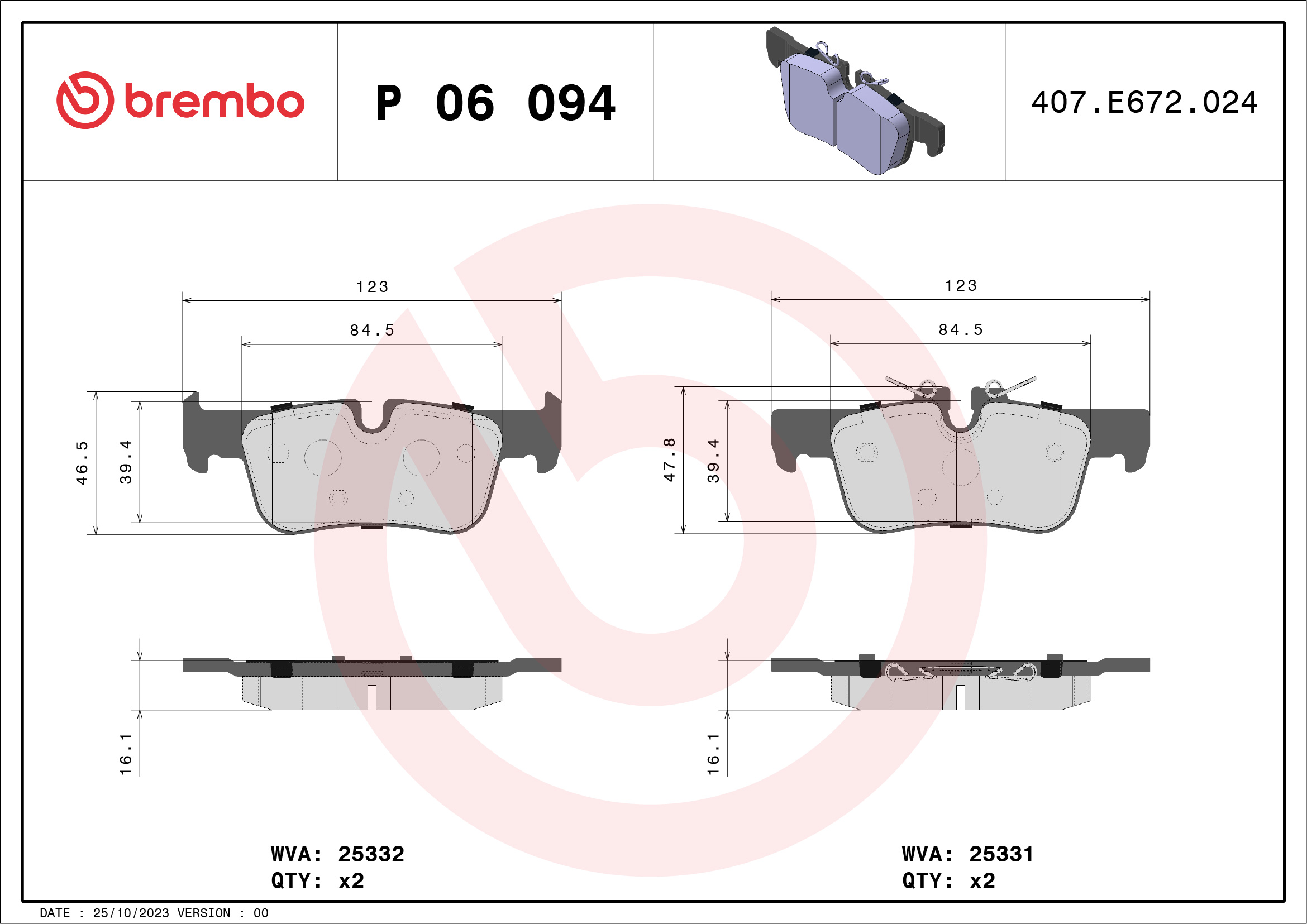 Jogo de 4 pastilhas de travão BREMBO ref. P 06 094