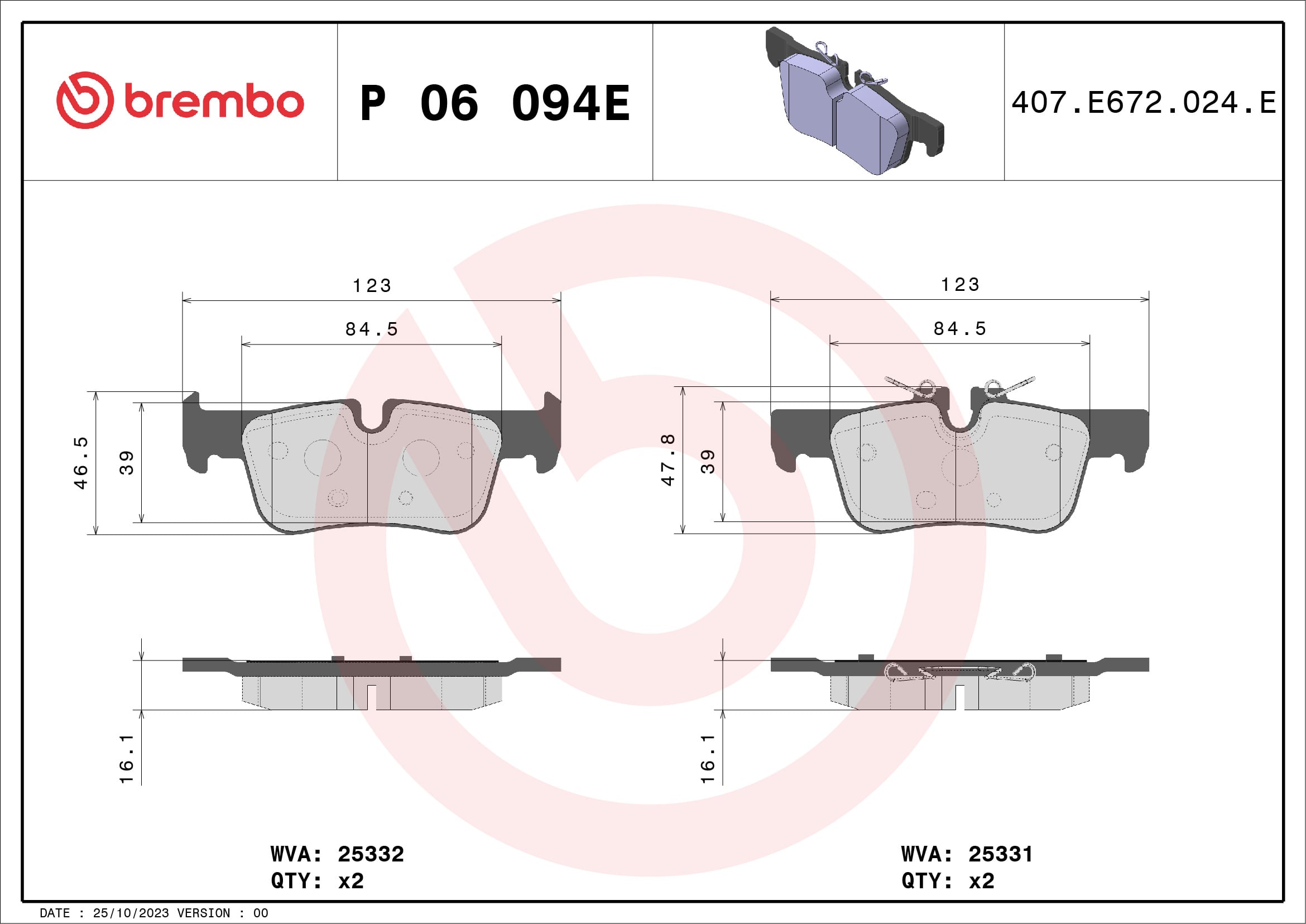 Jeu de 4 plaquettes de frein BREMBO ref. P 06 094E