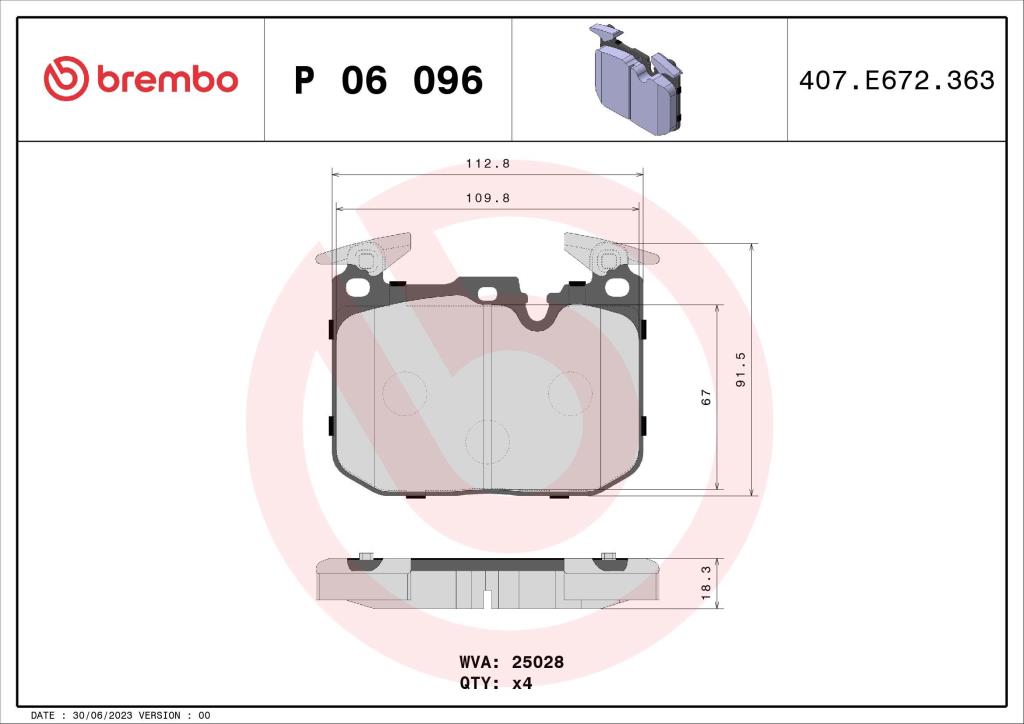 Jogo de 4 pastilhas de travão BREMBO ref. P 06 096