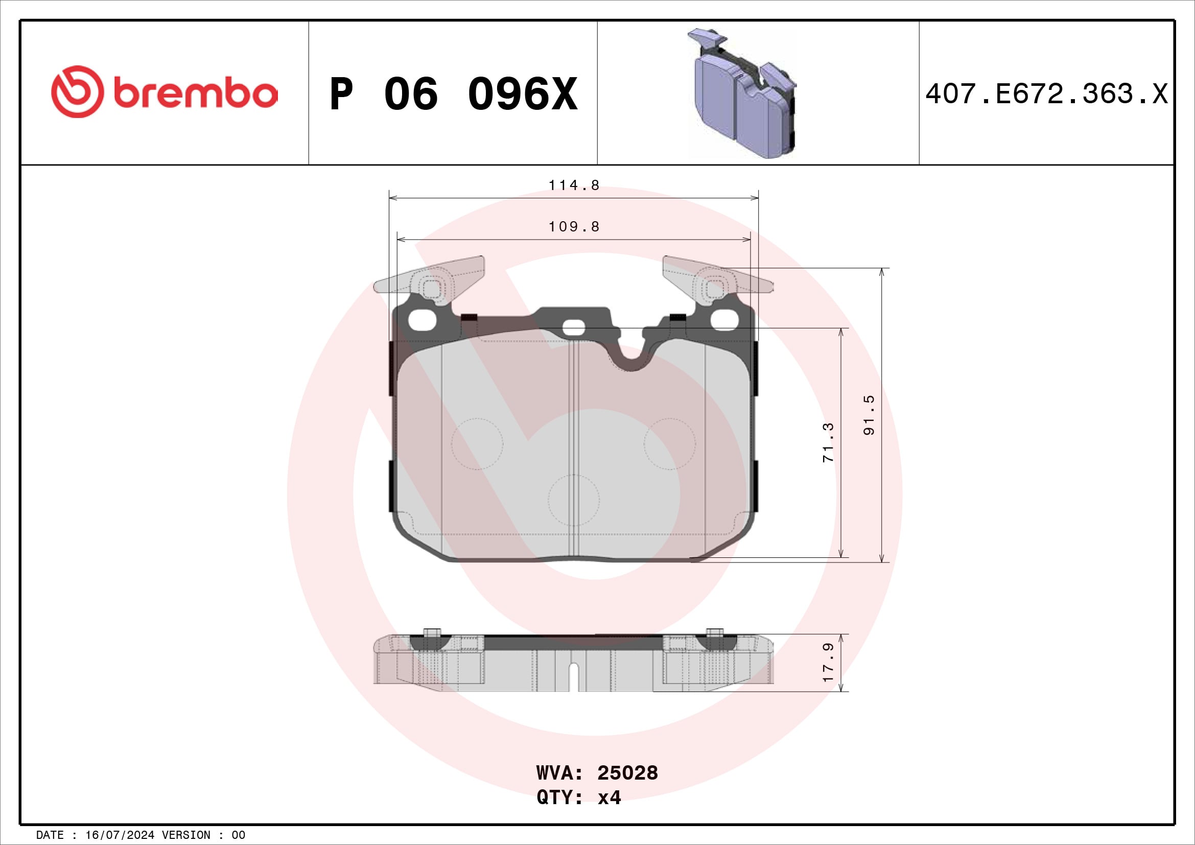Jeu de 4 plaquettes de frein BREMBO ref. P 06 096X