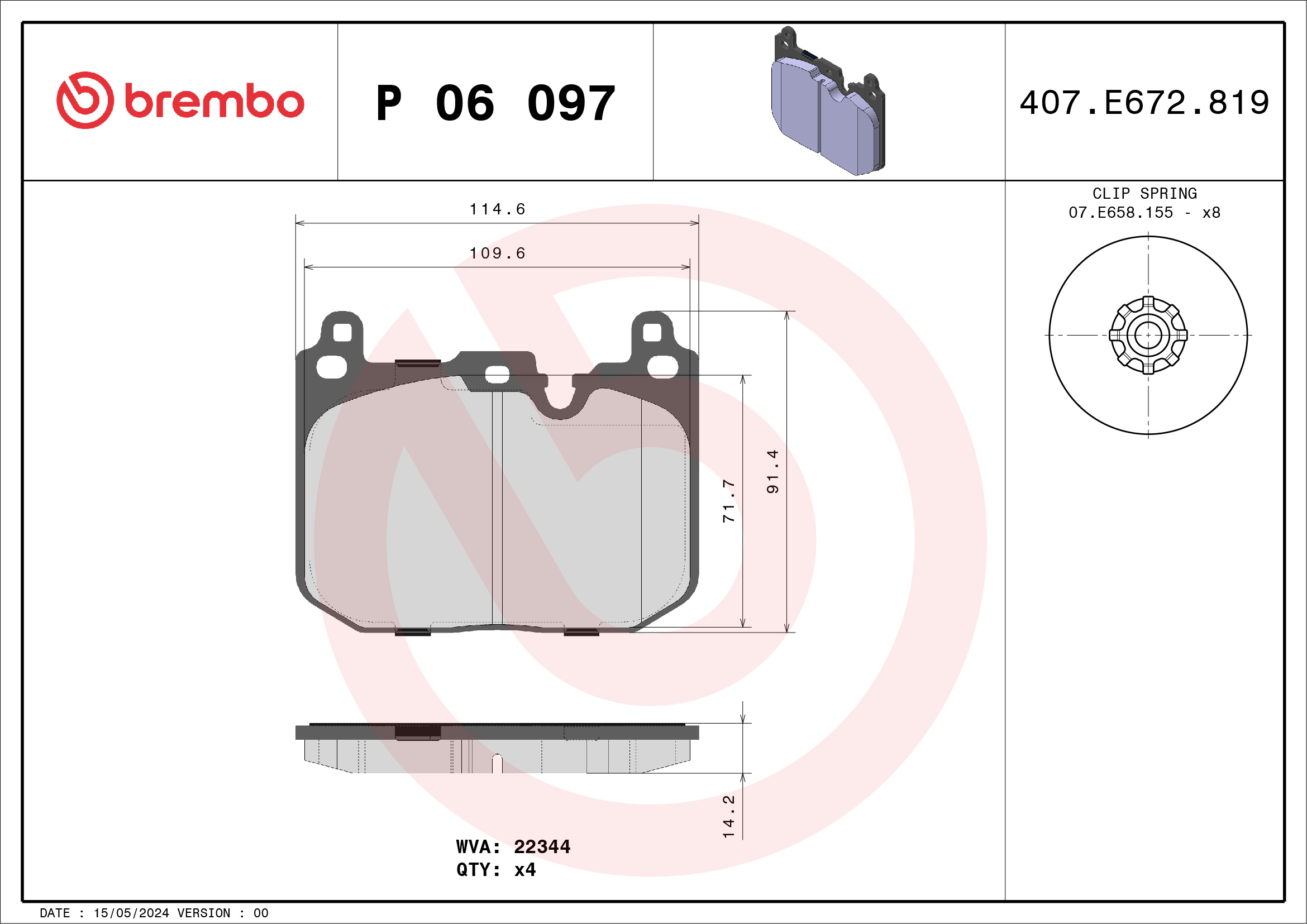 Jeu de 4 plaquettes de frein BREMBO ref. P 06 097