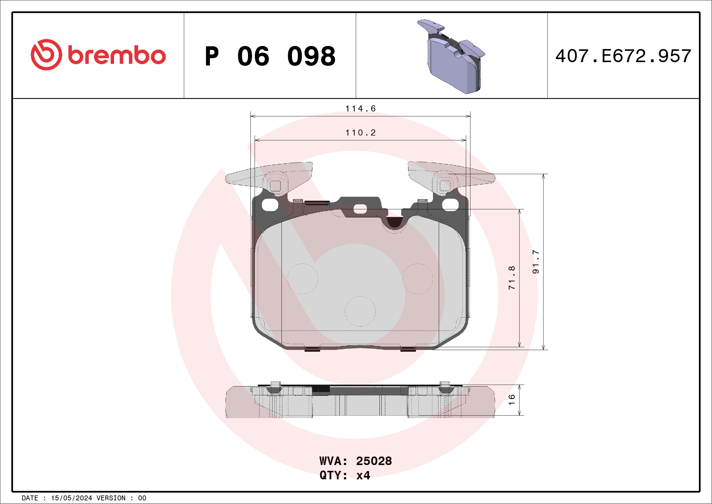 Jogo de 4 pastilhas de travão BREMBO ref. P 06 098
