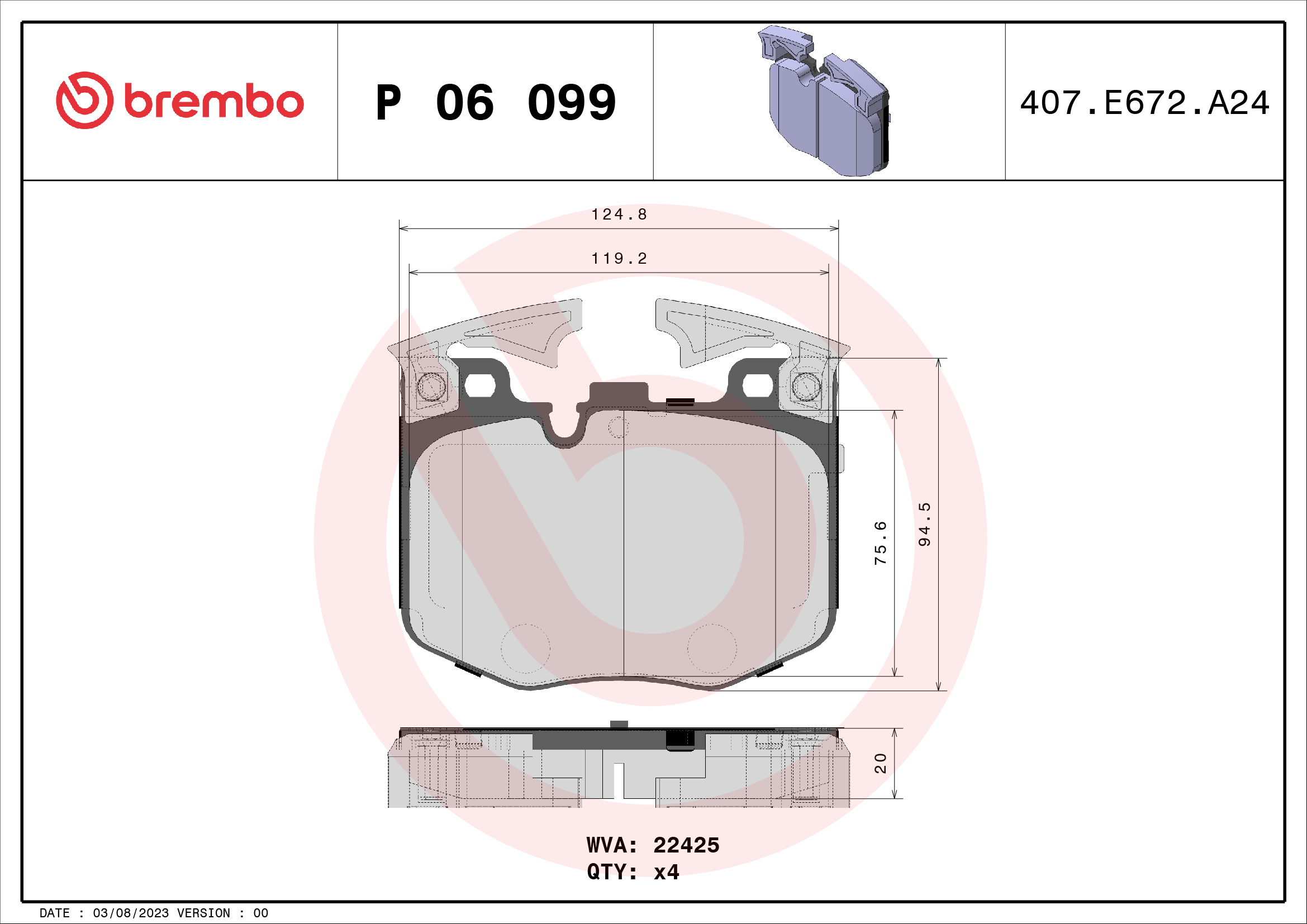 Jogo de 4 pastilhas de travão BREMBO ref. P 06 099