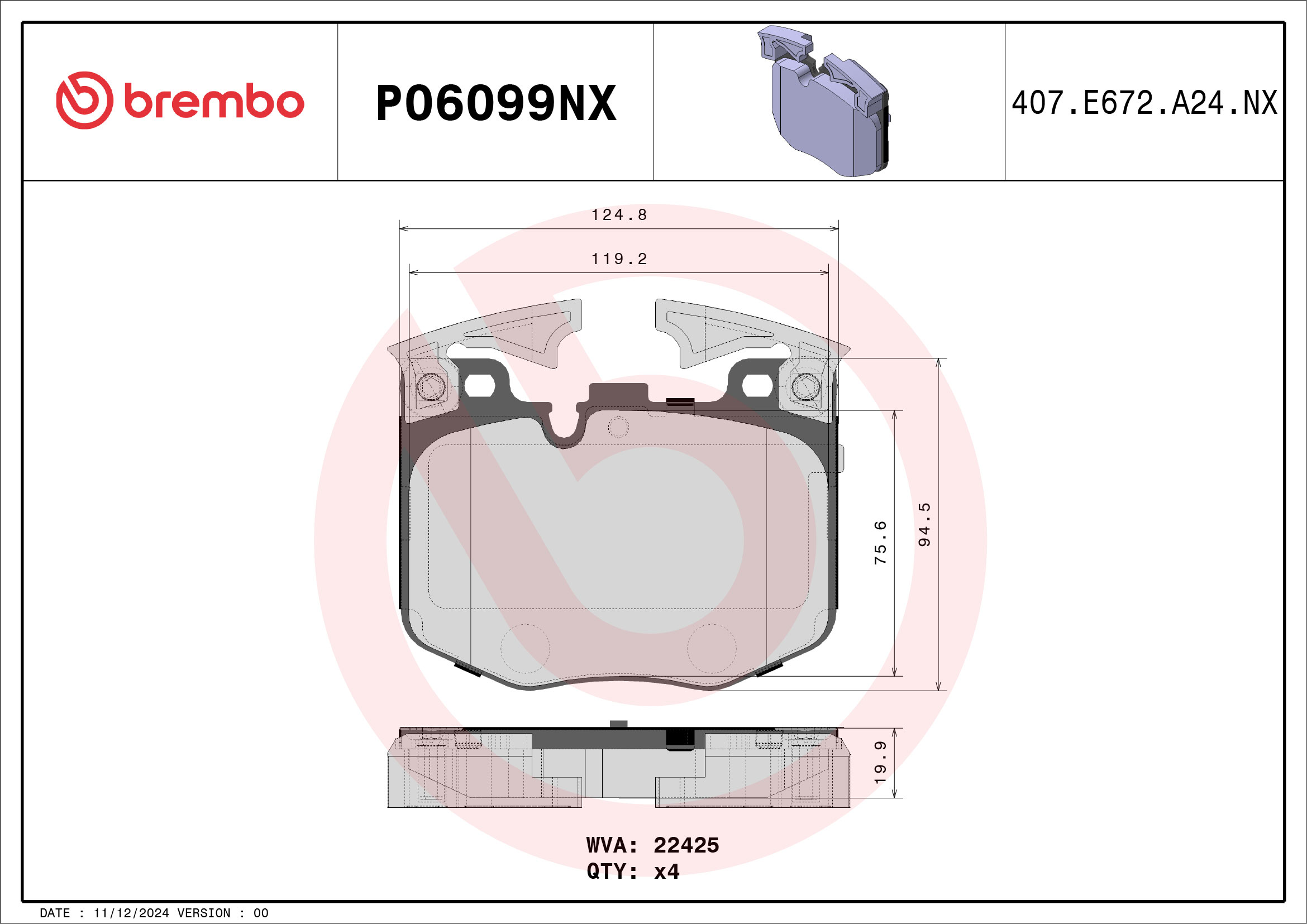 Jogo de 4 pastilhas de travão BREMBO ref. P06099NX