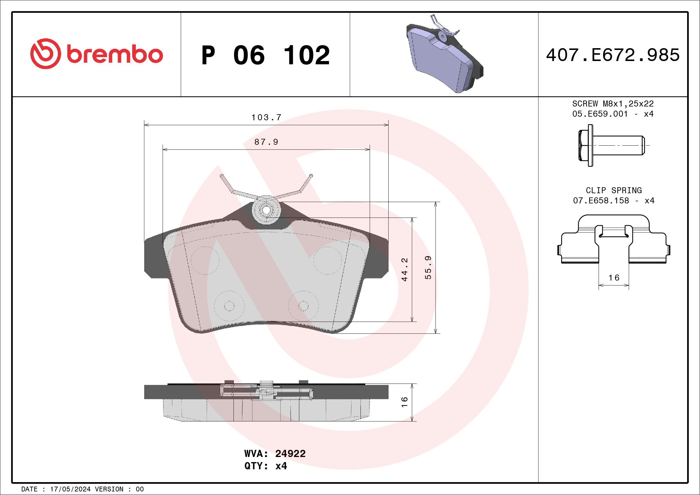 Jogo de 4 pastilhas de travão BREMBO ref. P 06 102