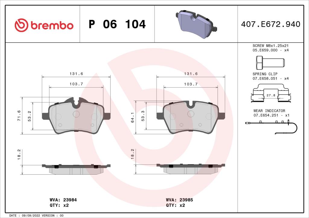 Jogo de 4 pastilhas de travão BREMBO P 06 104