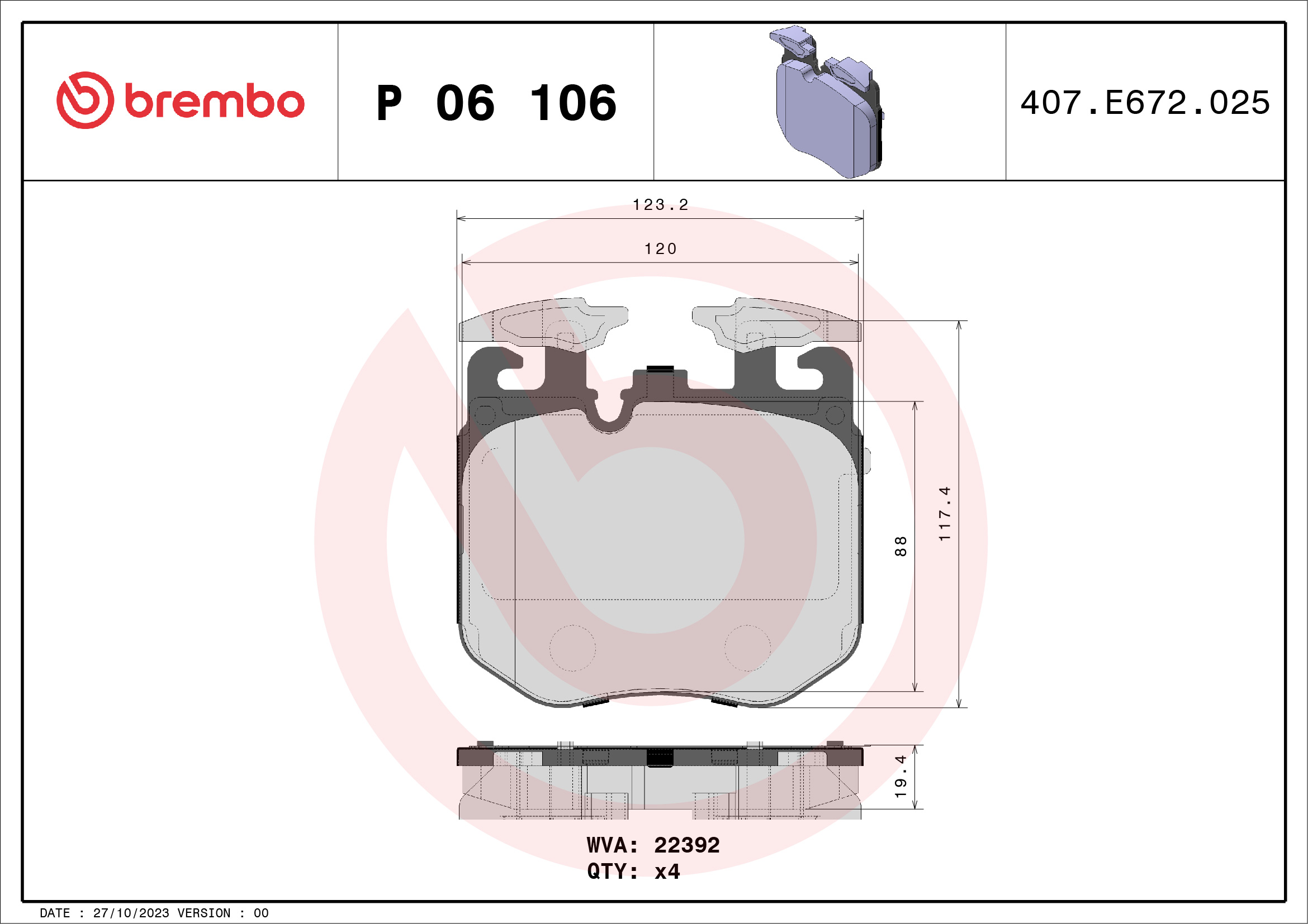 Jogo de 4 pastilhas de travão BREMBO ref. P 06 106