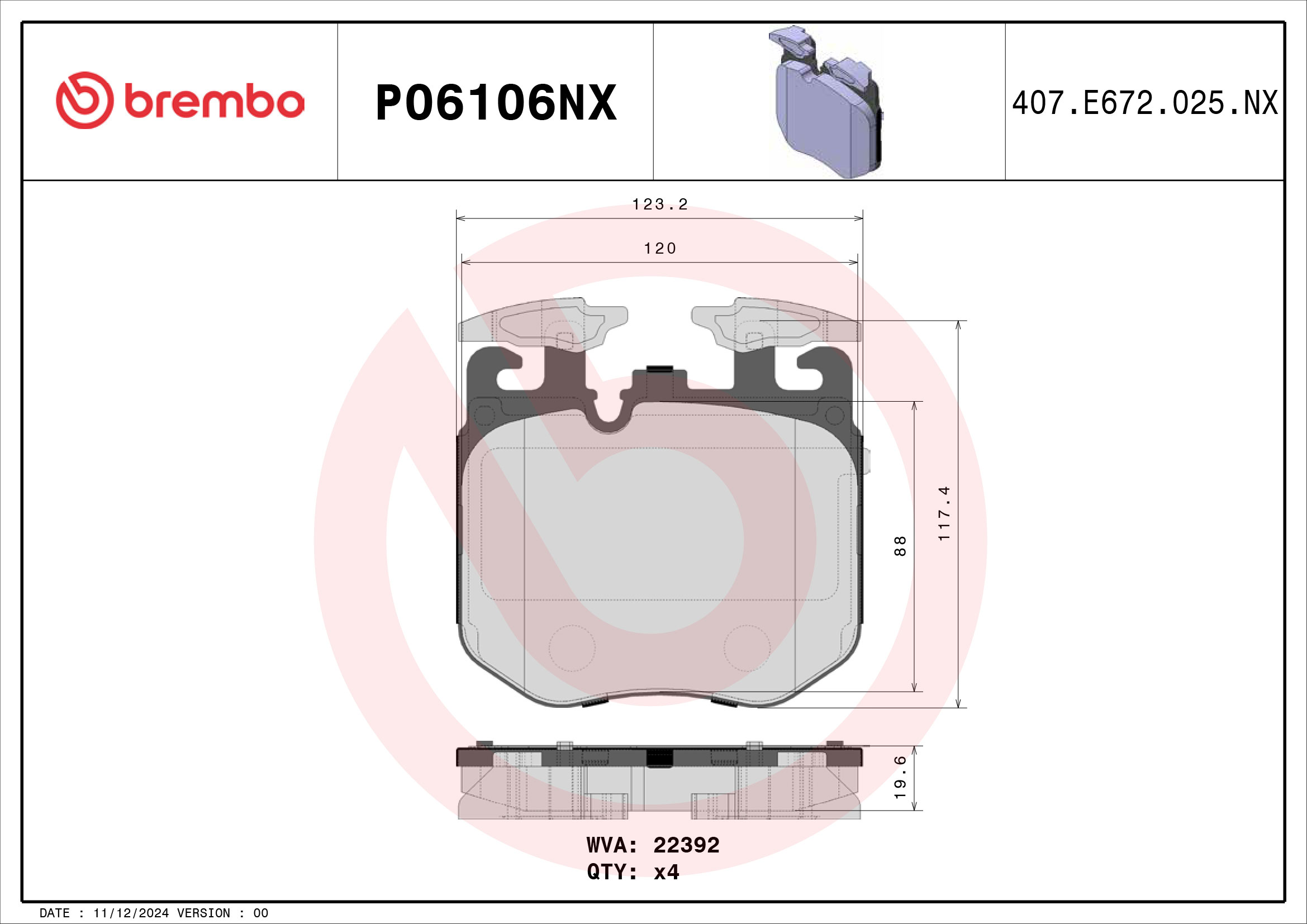 Jogo de 4 pastilhas de travão BREMBO P06106NX