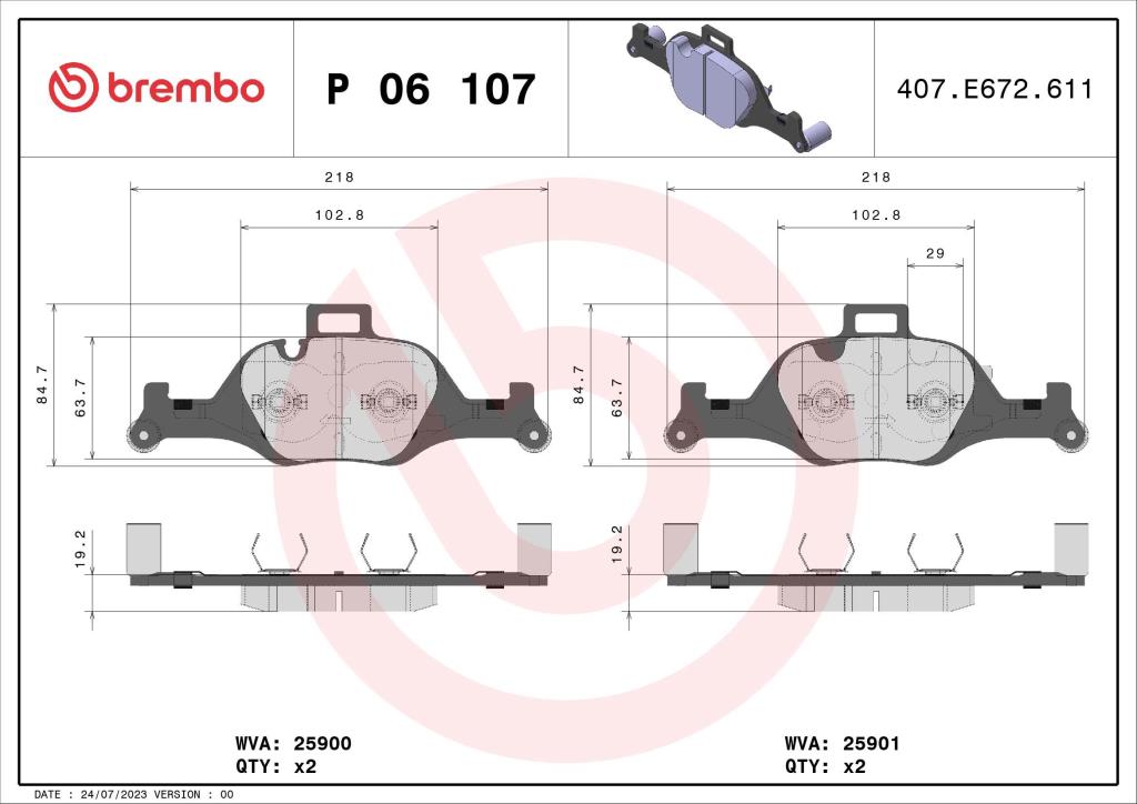 Jogo de 4 pastilhas de travão BREMBO ref. P 06 107