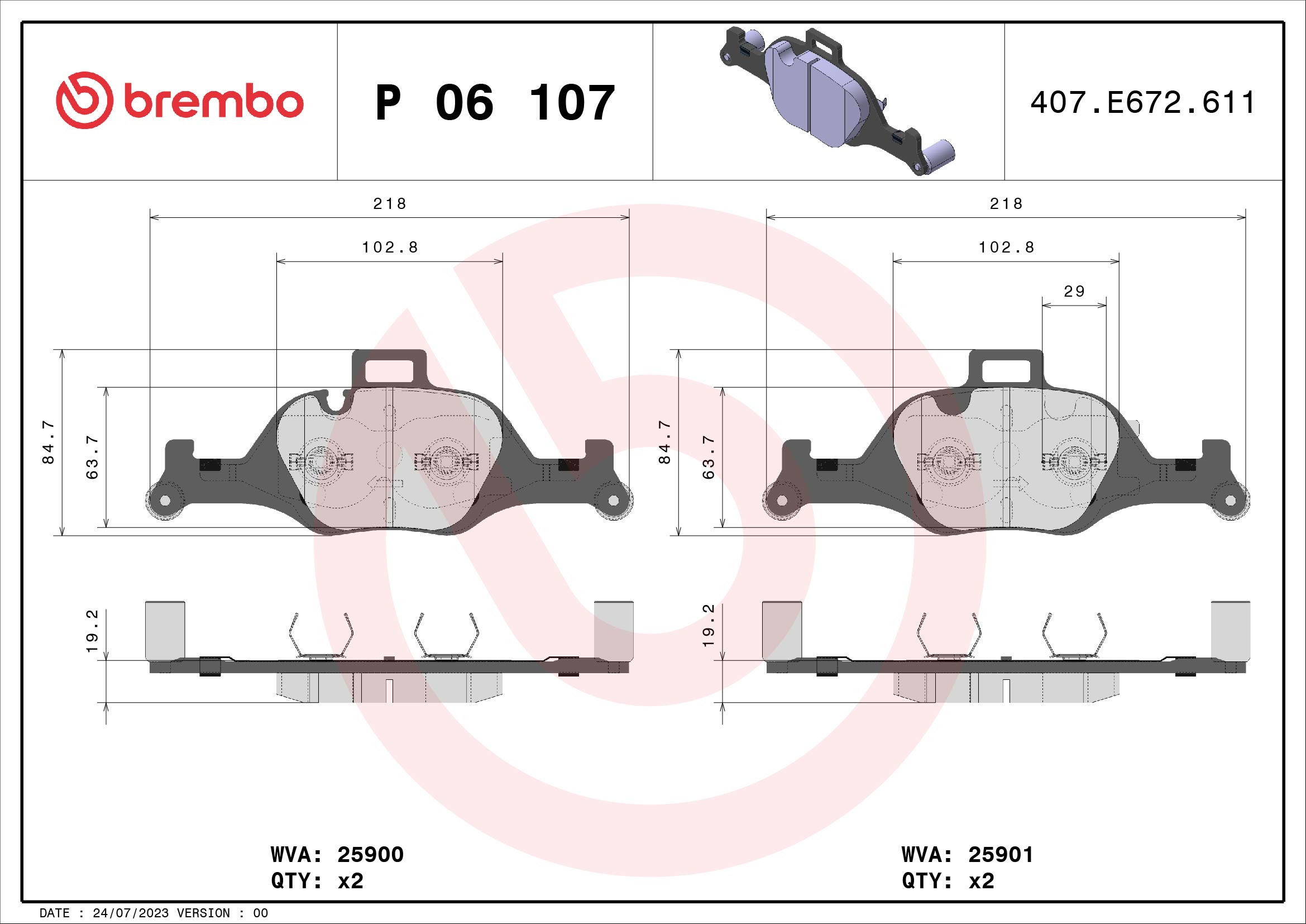Jogo de 4 pastilhas de travão BREMBO ref. P 06 107