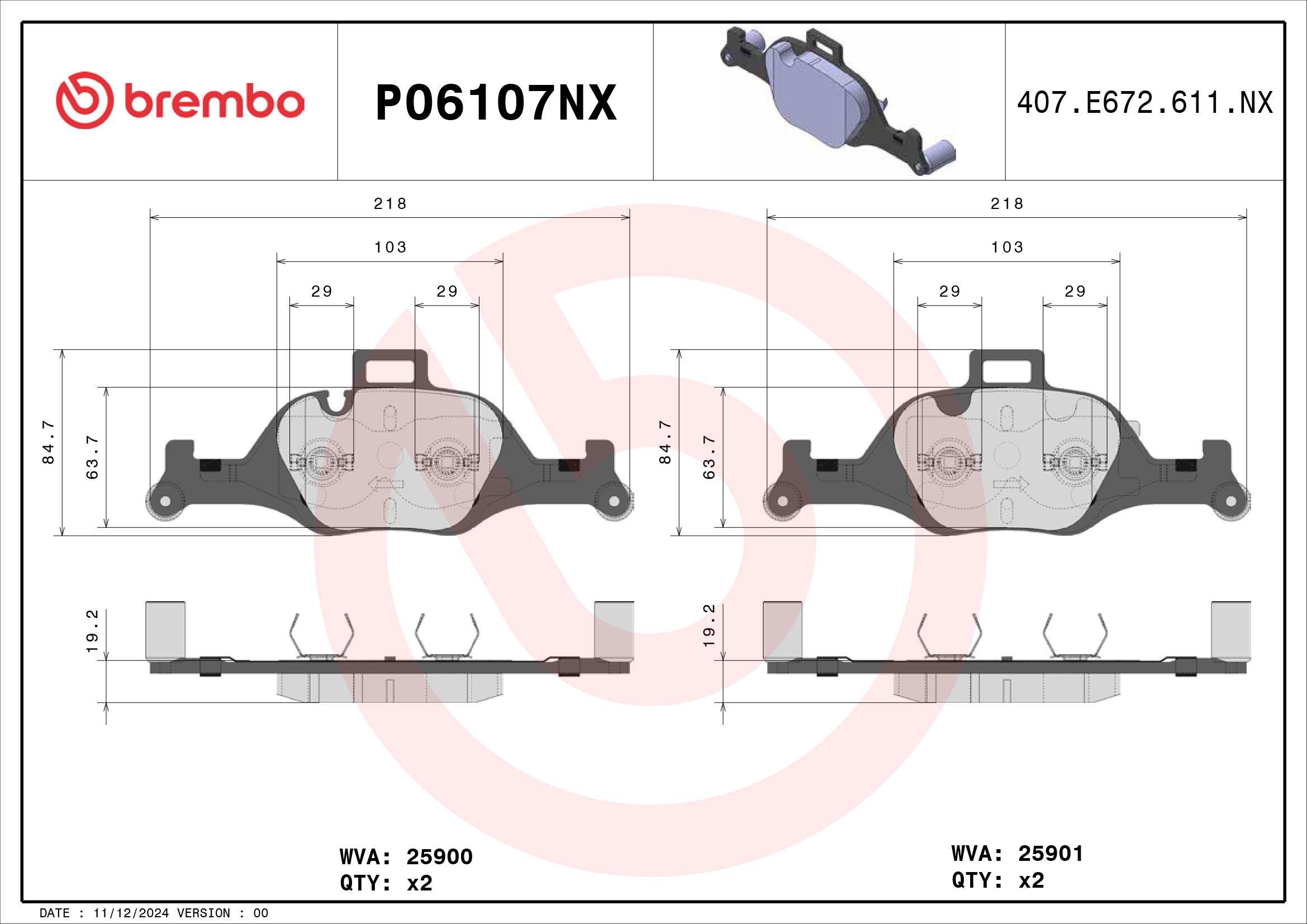 Jogo de 4 pastilhas de travão BREMBO ref. P06107NX