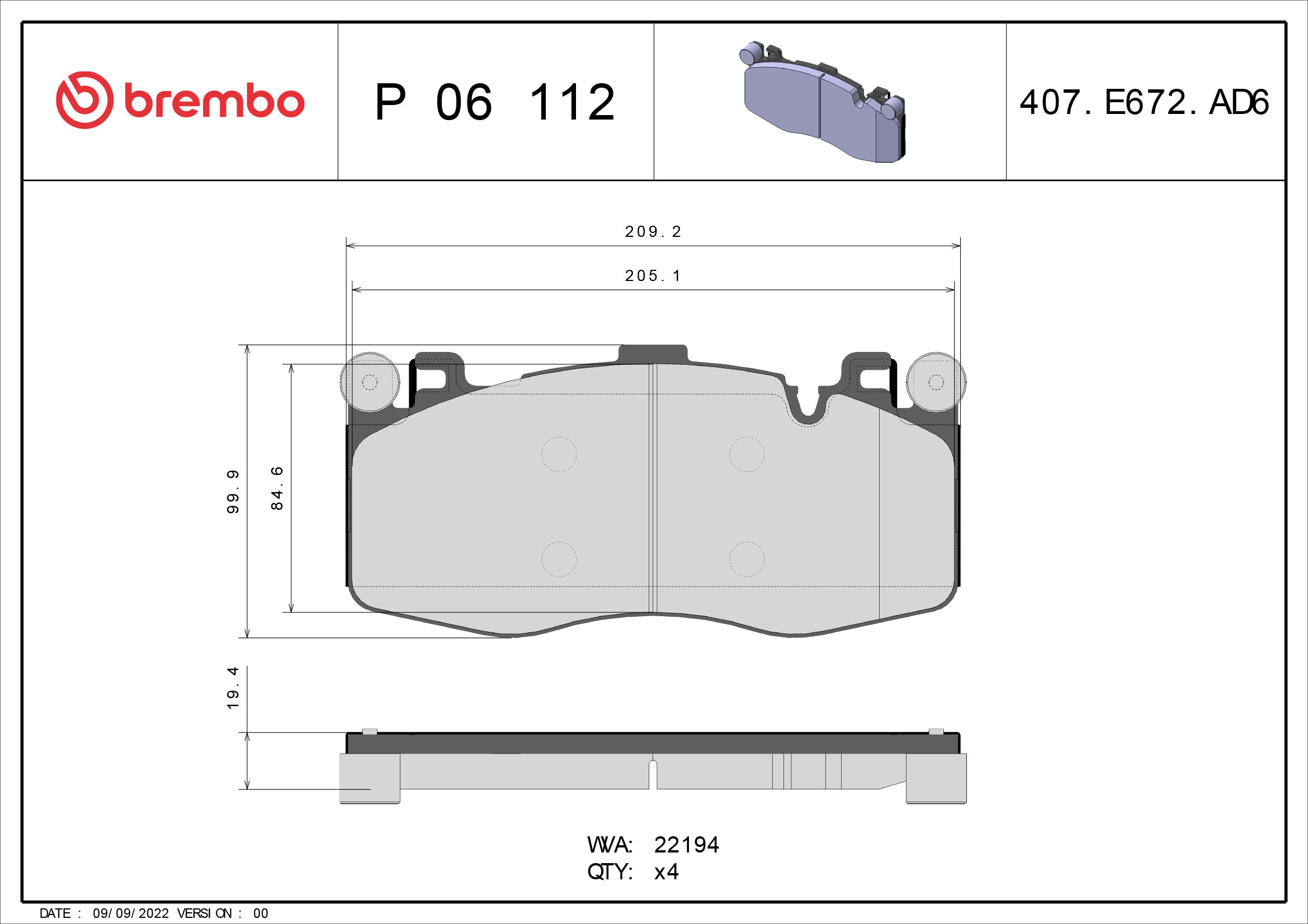 Jeu de 4 plaquettes de frein BREMBO ref. P 06 112
