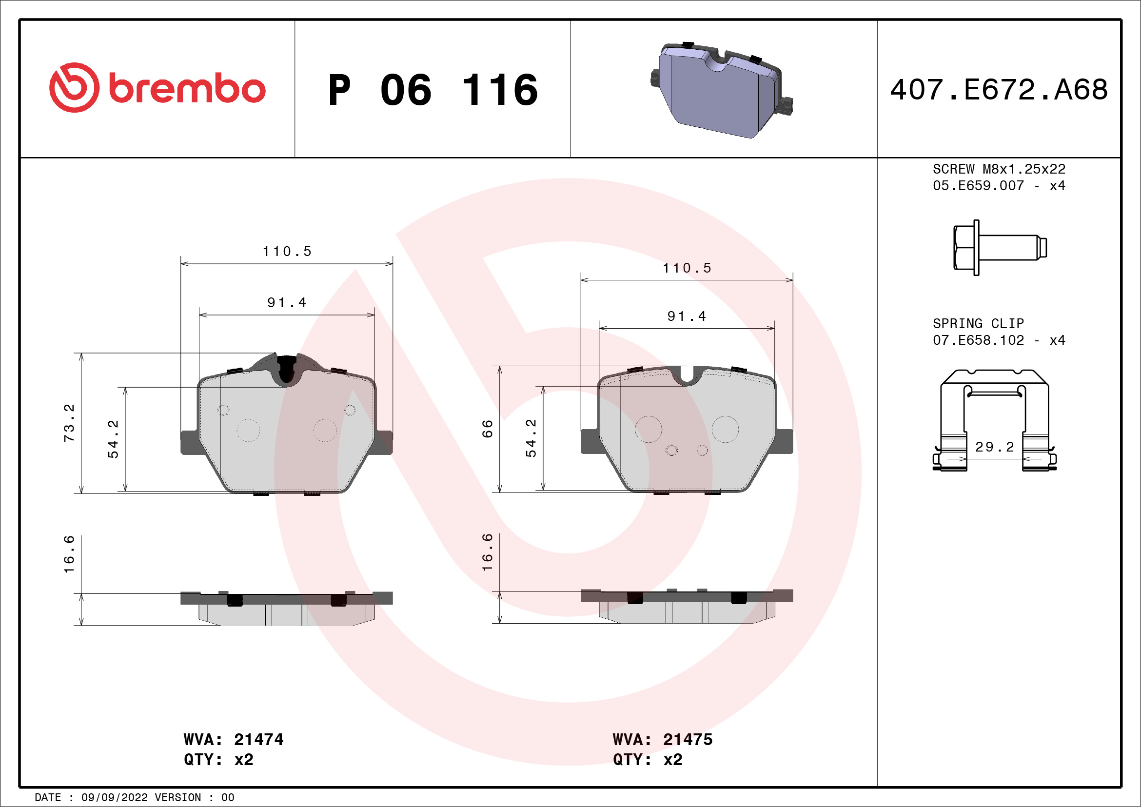 Jogo de 4 pastilhas de travão BREMBO ref. P 06 116