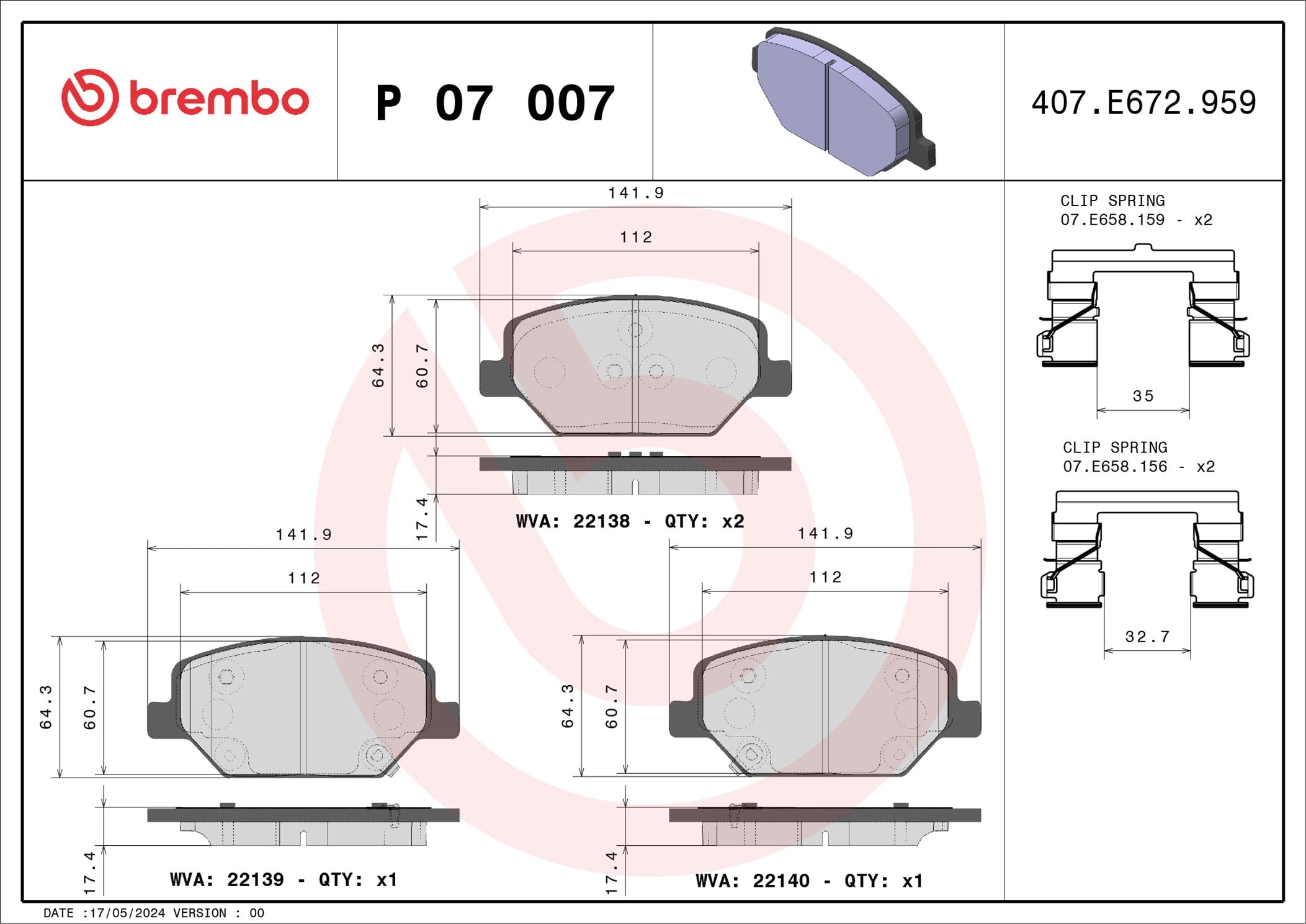Jeu de 4 plaquettes de frein BREMBO ref. P 07 007