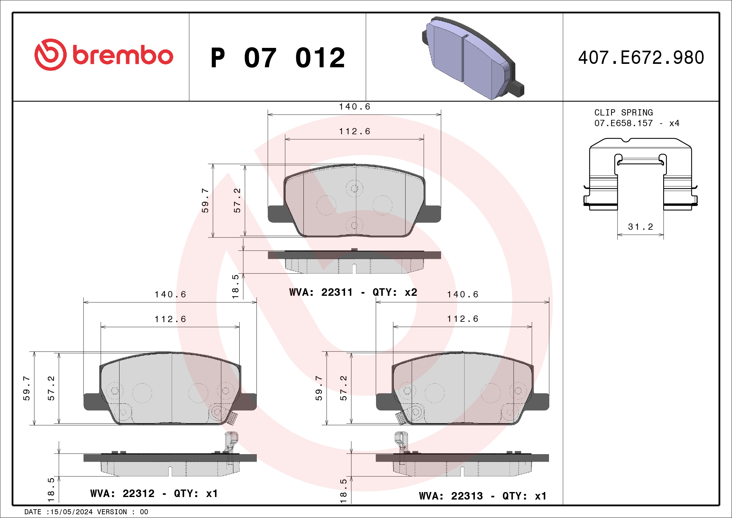 Jeu de 4 plaquettes de frein BREMBO ref. P 07 012