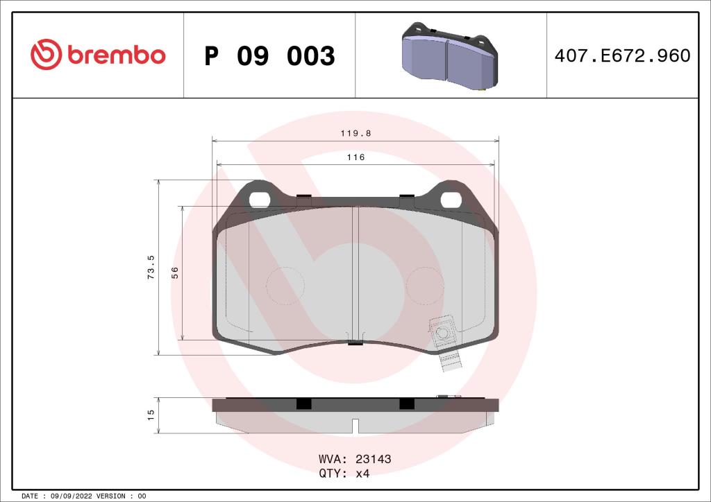 Jeu de 4 plaquettes de frein BREMBO ref. P 09 003