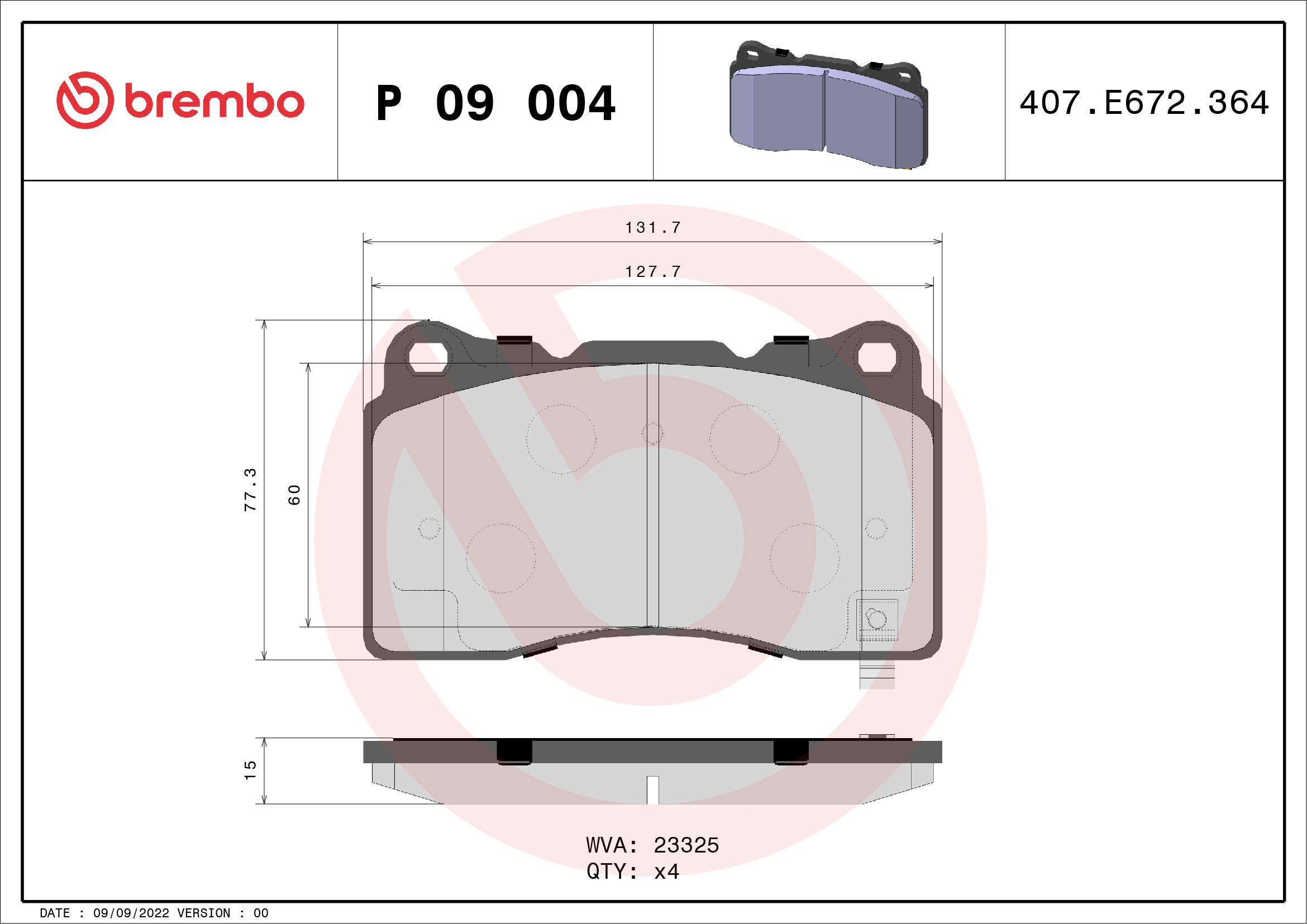 Jogo de 4 pastilhas de travão BREMBO ref. P 09 004