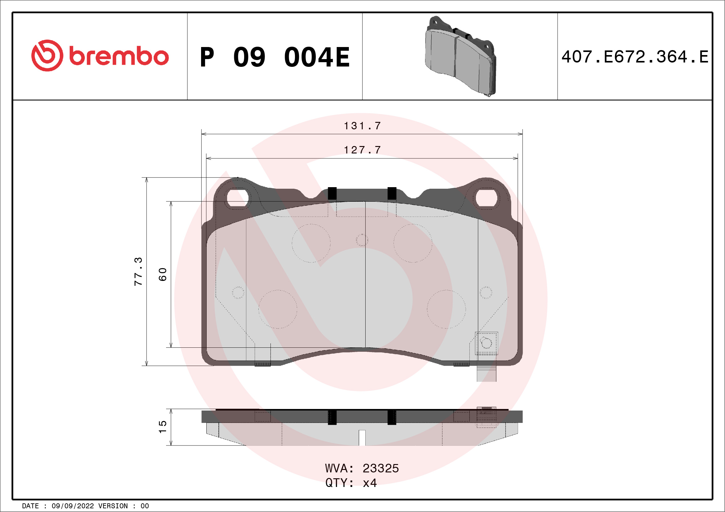 Jogo de 4 pastilhas de travão BREMBO ref. P 09 004E