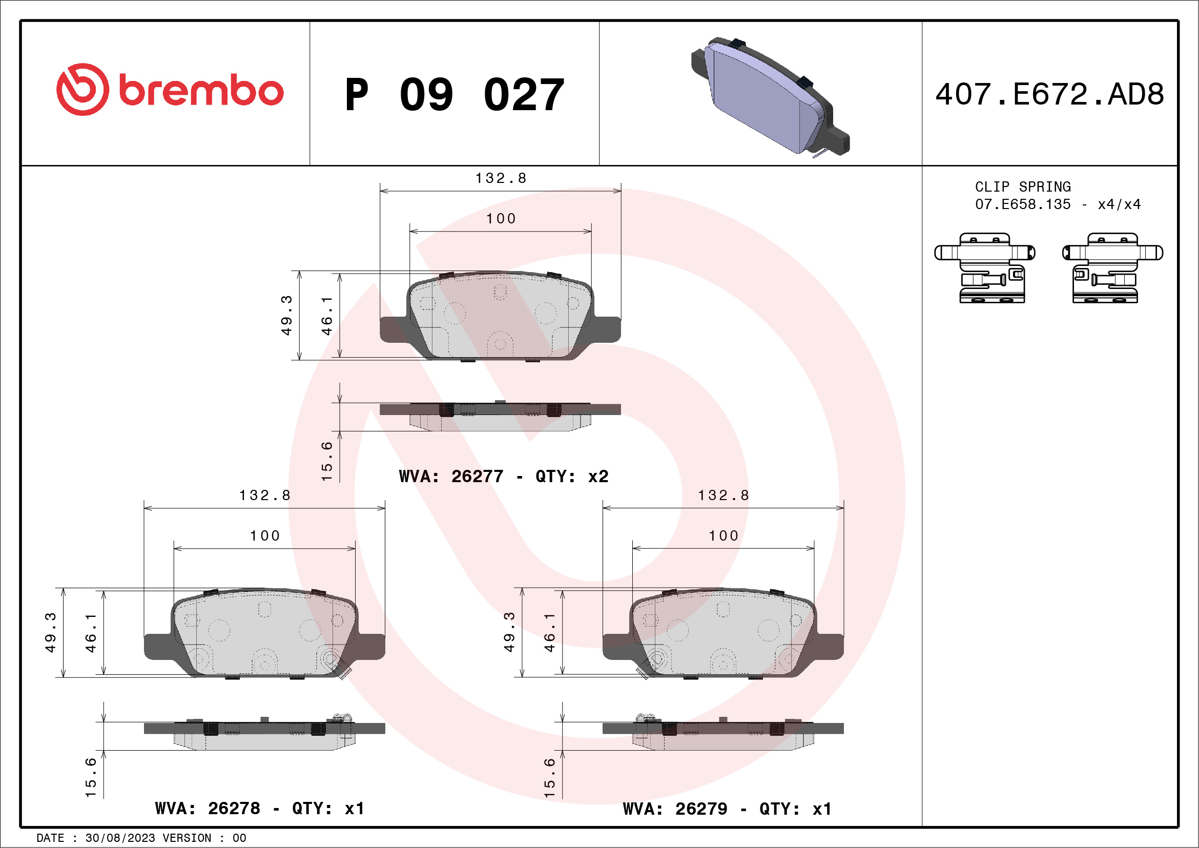 Jogo de 4 pastilhas de travão BREMBO ref. P 09 027