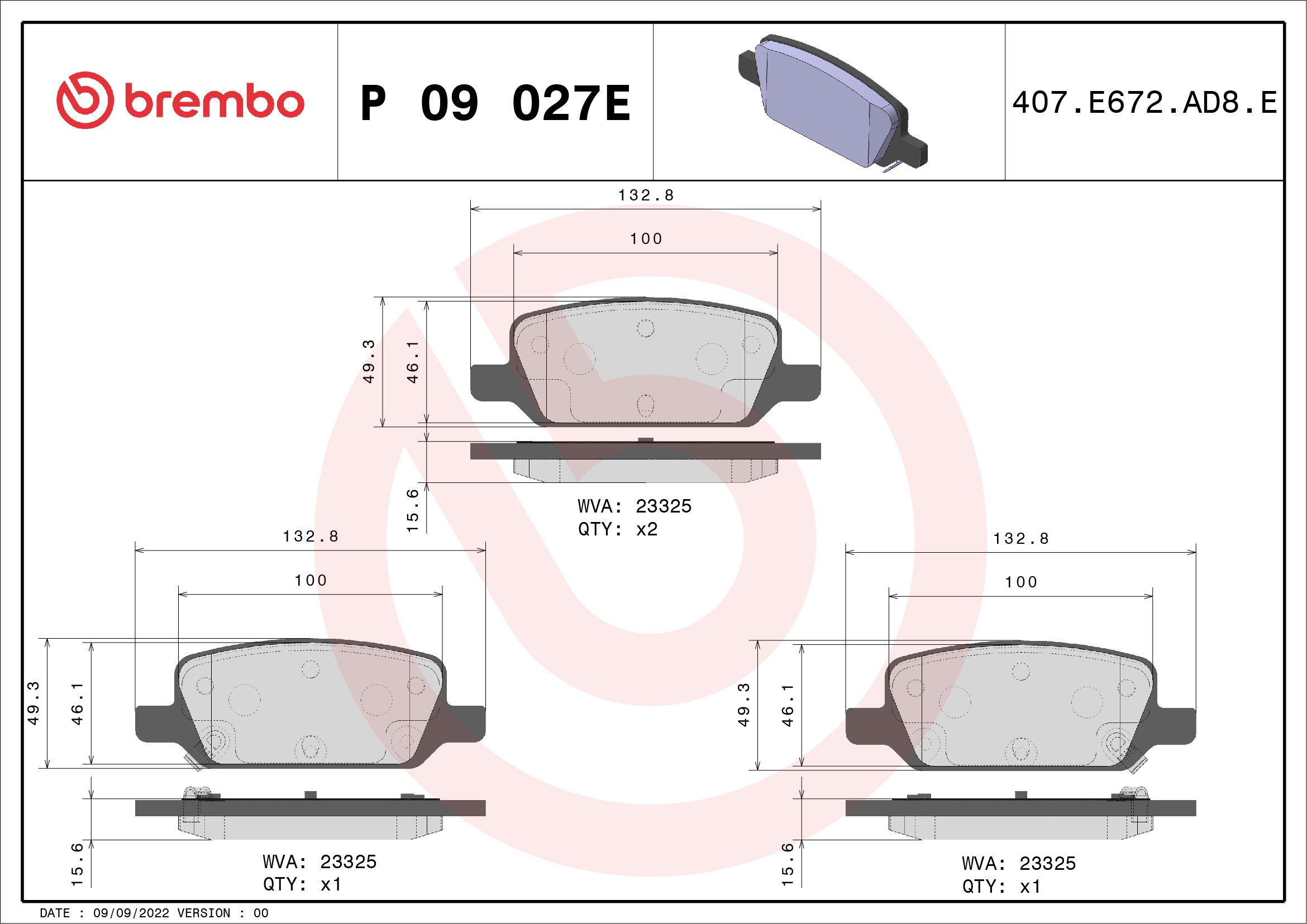 Jogo de 4 pastilhas de travão BREMBO ref. P 09 027E
