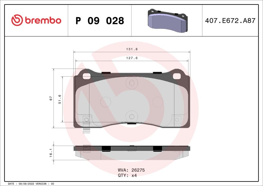 Jeu de 4 plaquettes de frein BREMBO ref. P 09 028
