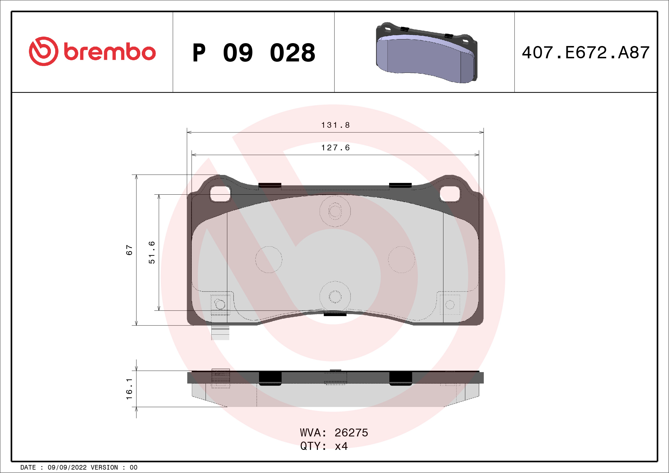 Jeu de 4 plaquettes de frein BREMBO ref. P 09 028
