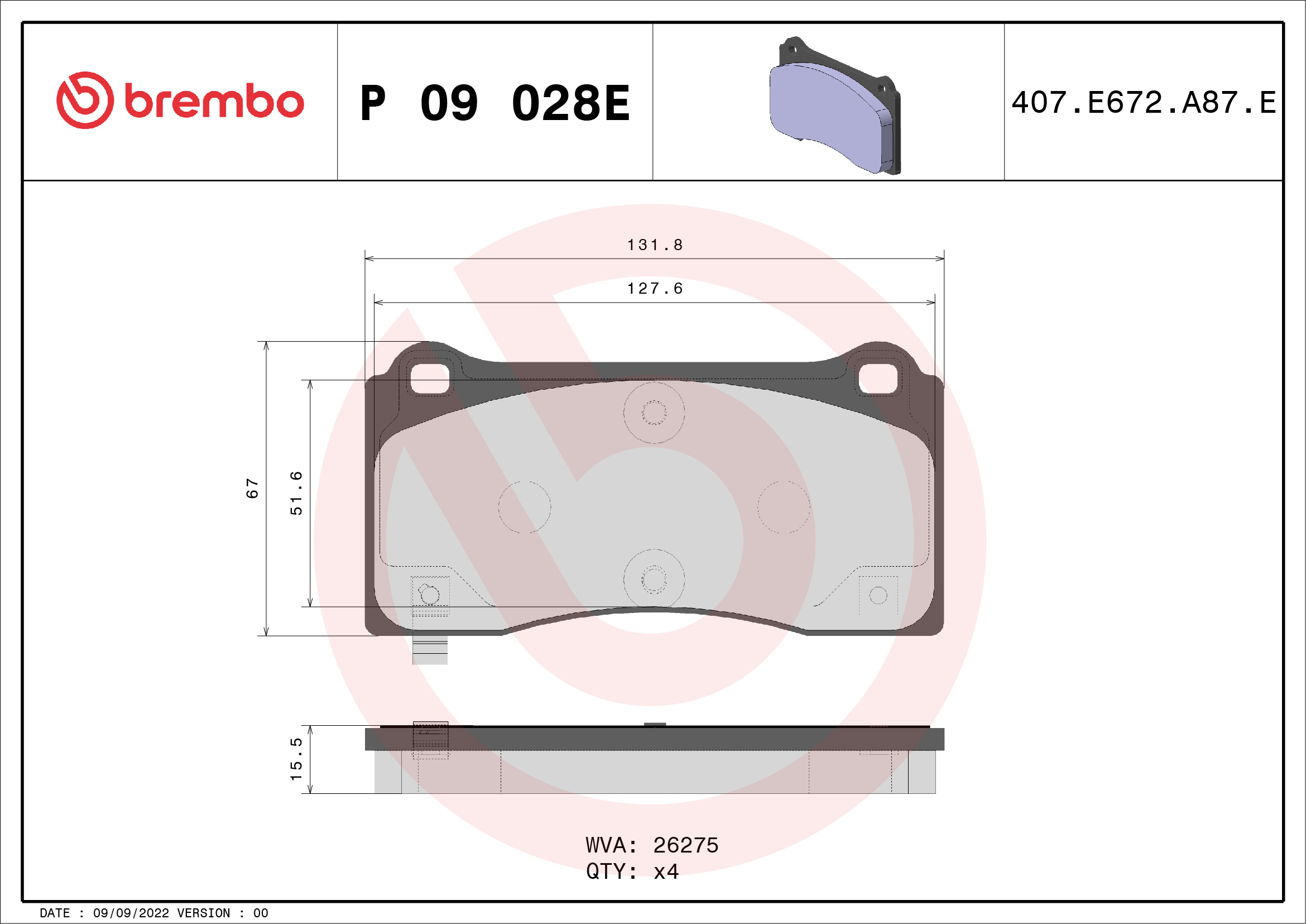 Jeu de 4 plaquettes de frein BREMBO ref. P 09 028E