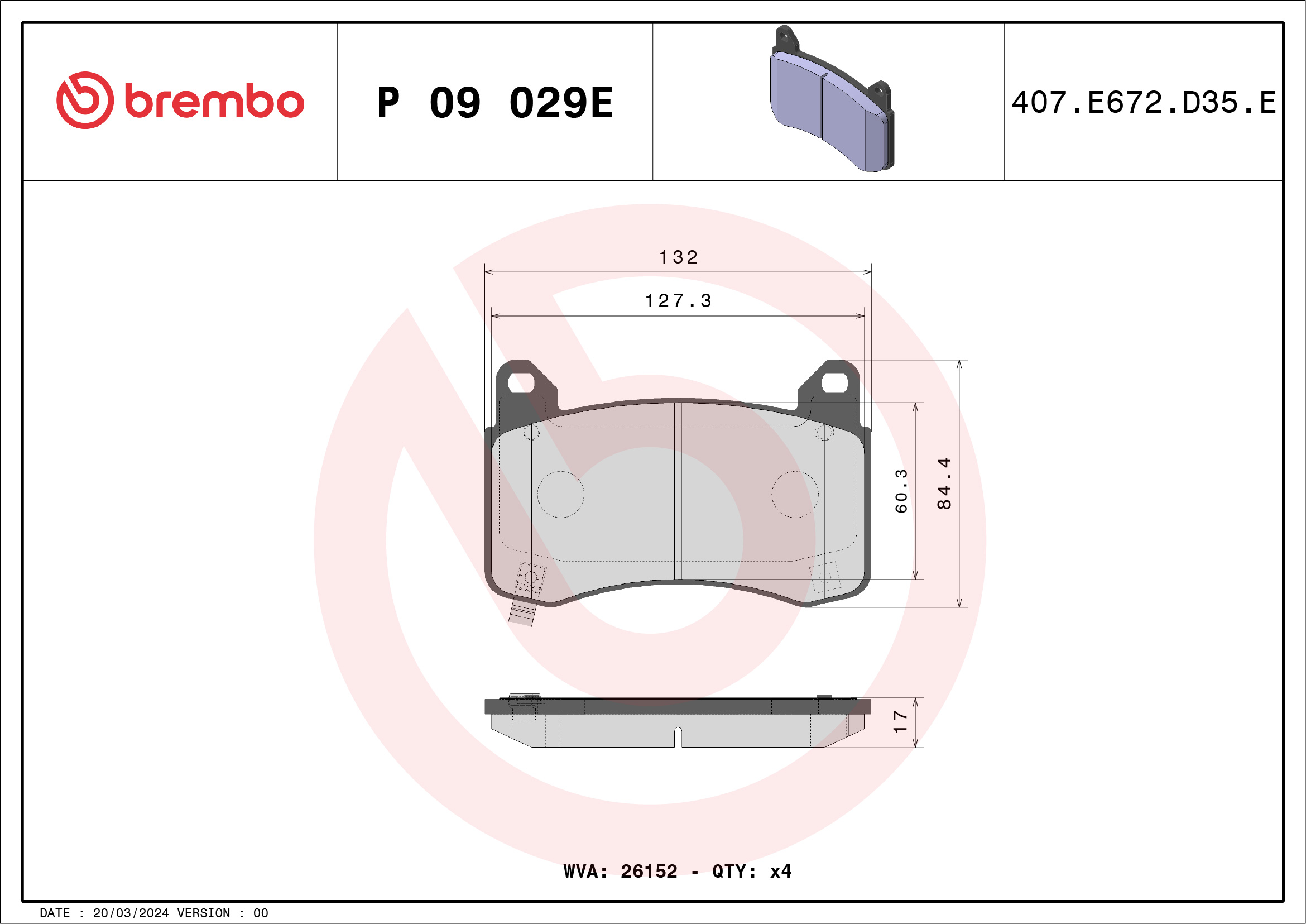 Jogo de 4 pastilhas de travão BREMBO ref. P 09 029E