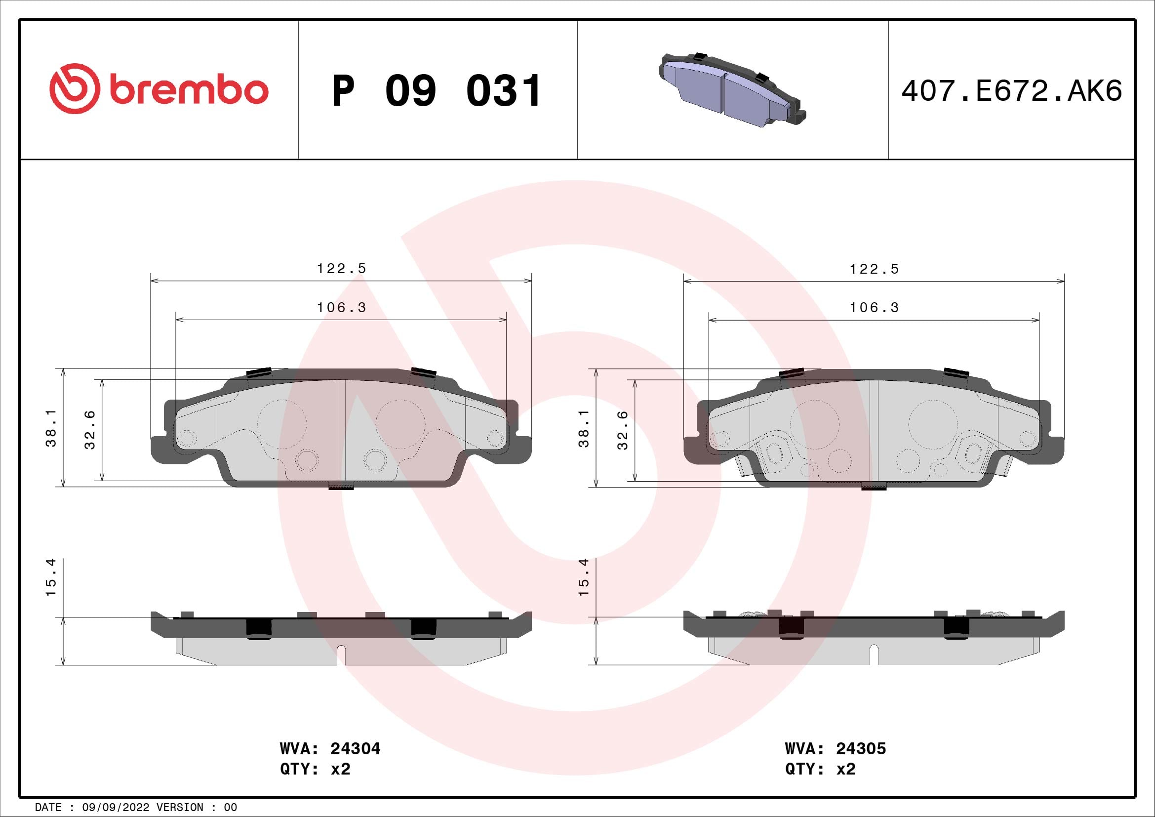Jeu de 4 plaquettes de frein BREMBO ref. P 09 031