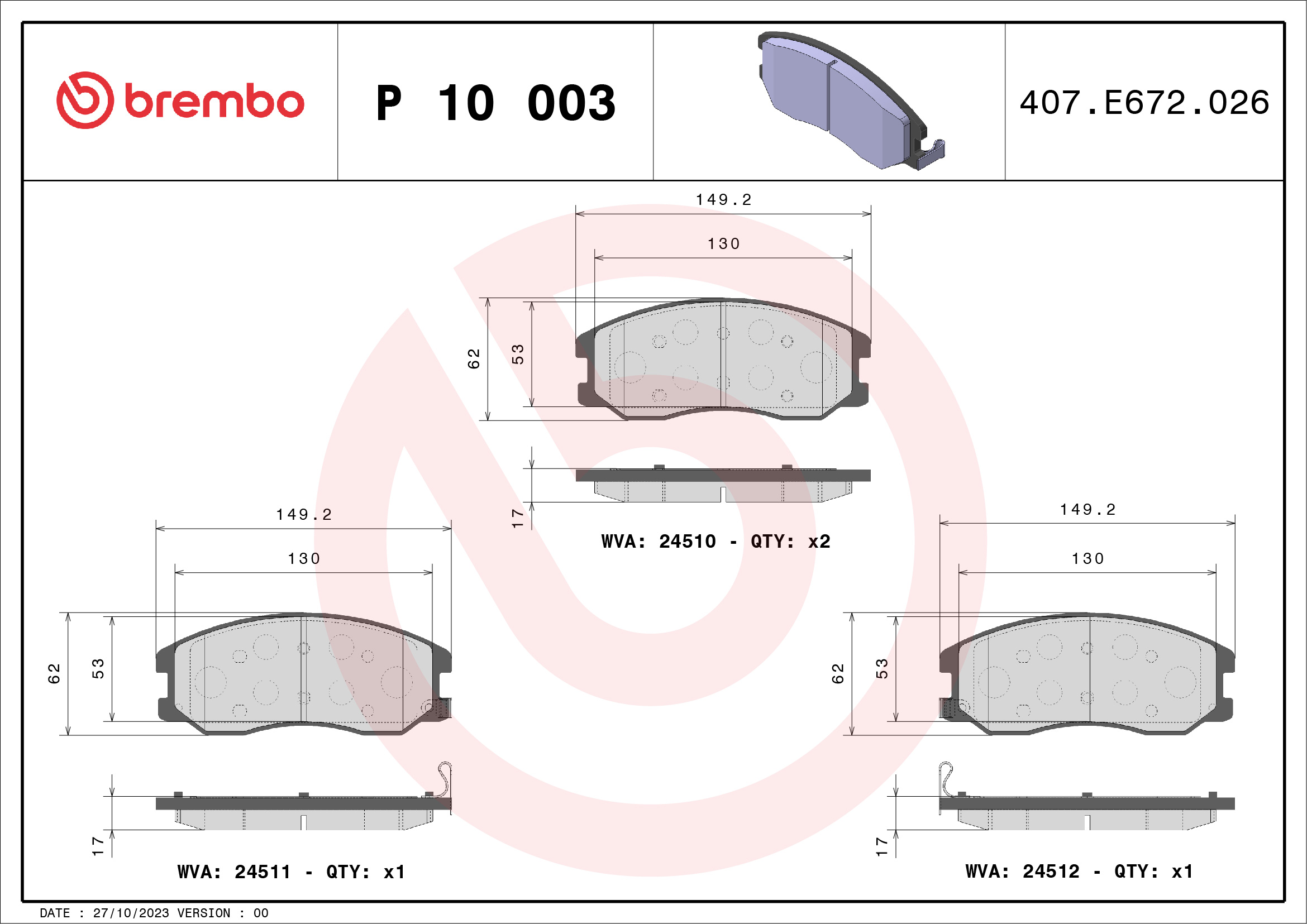 Jogo de 4 pastilhas de travão BREMBO ref. P 10 003