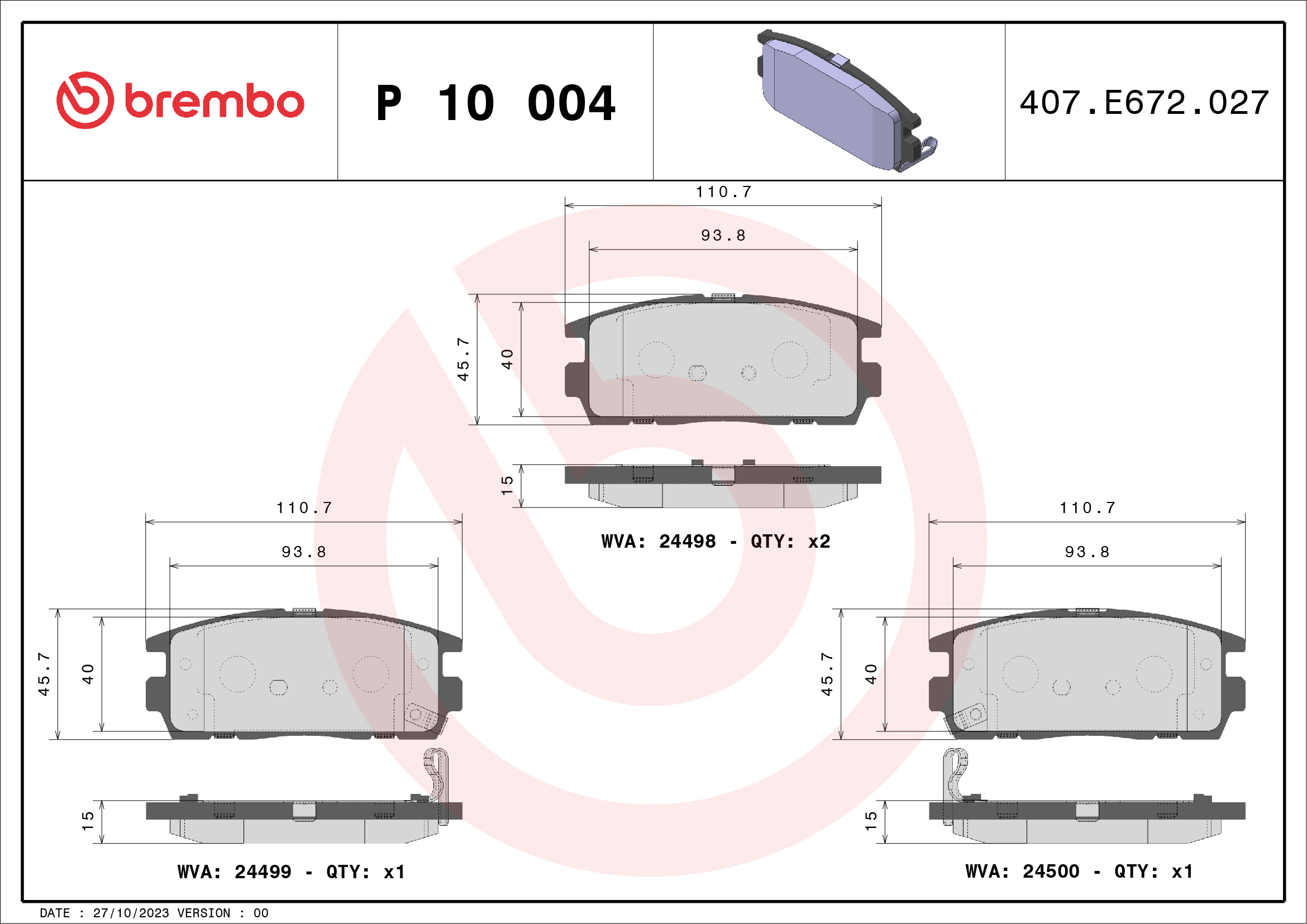 Jogo de 4 pastilhas de travão BREMBO ref. P 10 004