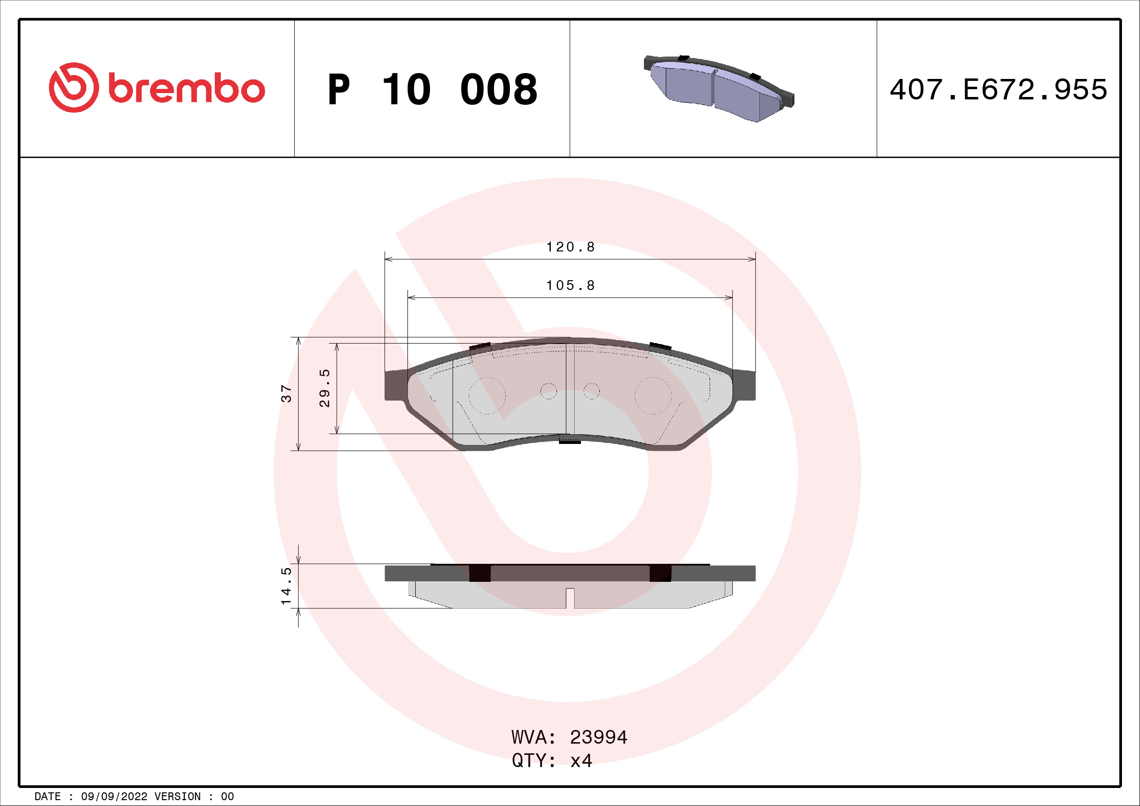 Jeu de 4 plaquettes de frein BREMBO ref. P 10 008
