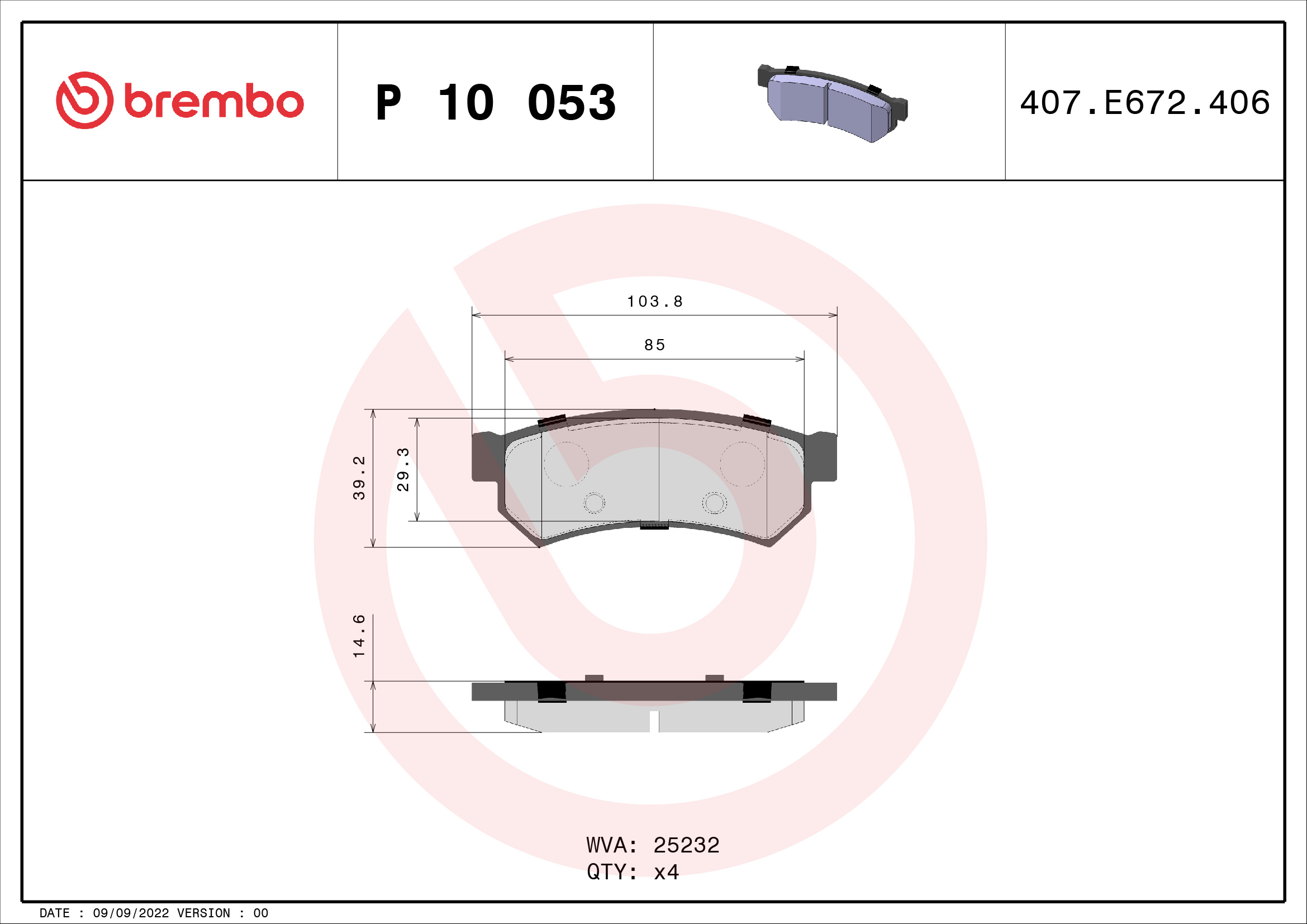 Jogo de 4 pastilhas de travão BREMBO ref. P 10 053