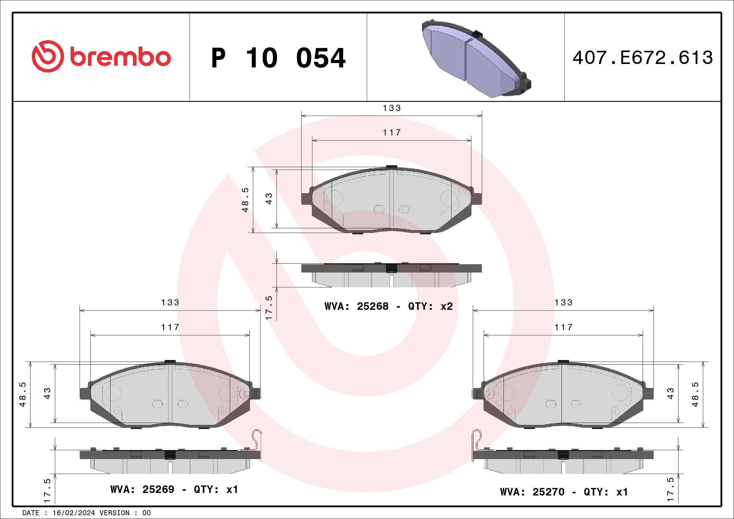 Jogo de 4 pastilhas de travão BREMBO ref. P 10 054