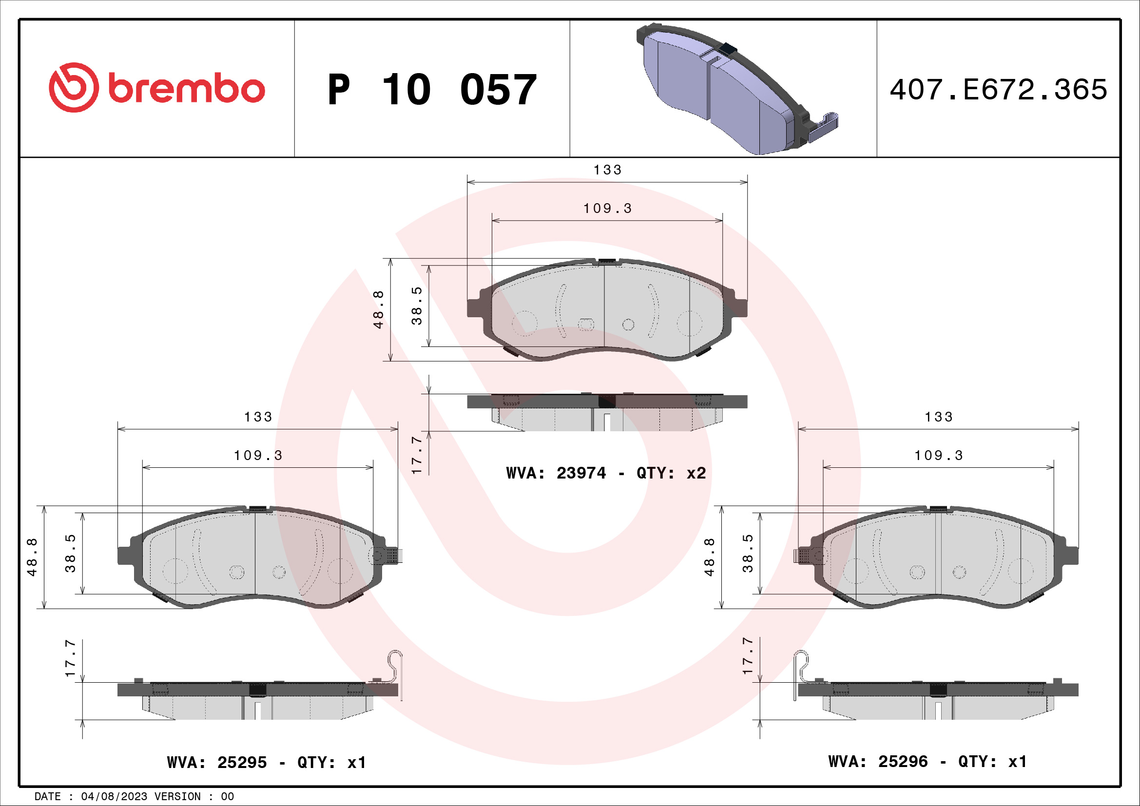 Jogo de 4 pastilhas de travão BREMBO ref. P 10 057
