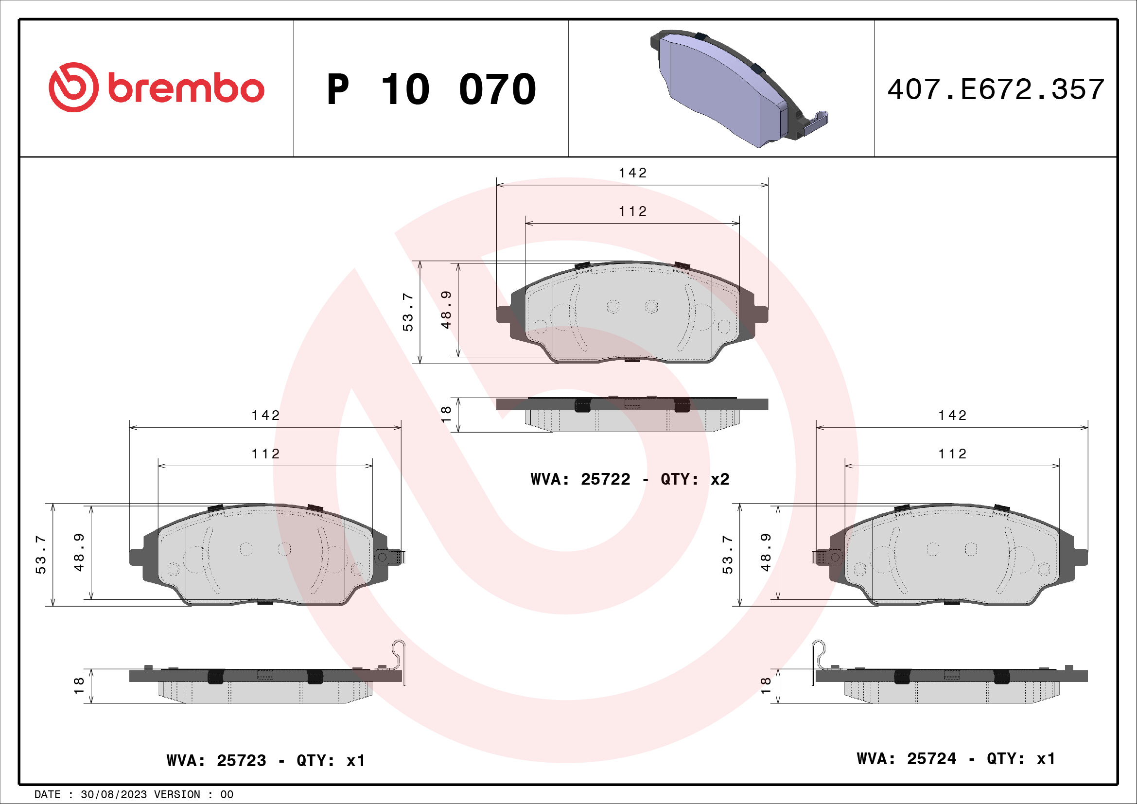 Jeu de 4 plaquettes de frein BREMBO ref. P 10 070