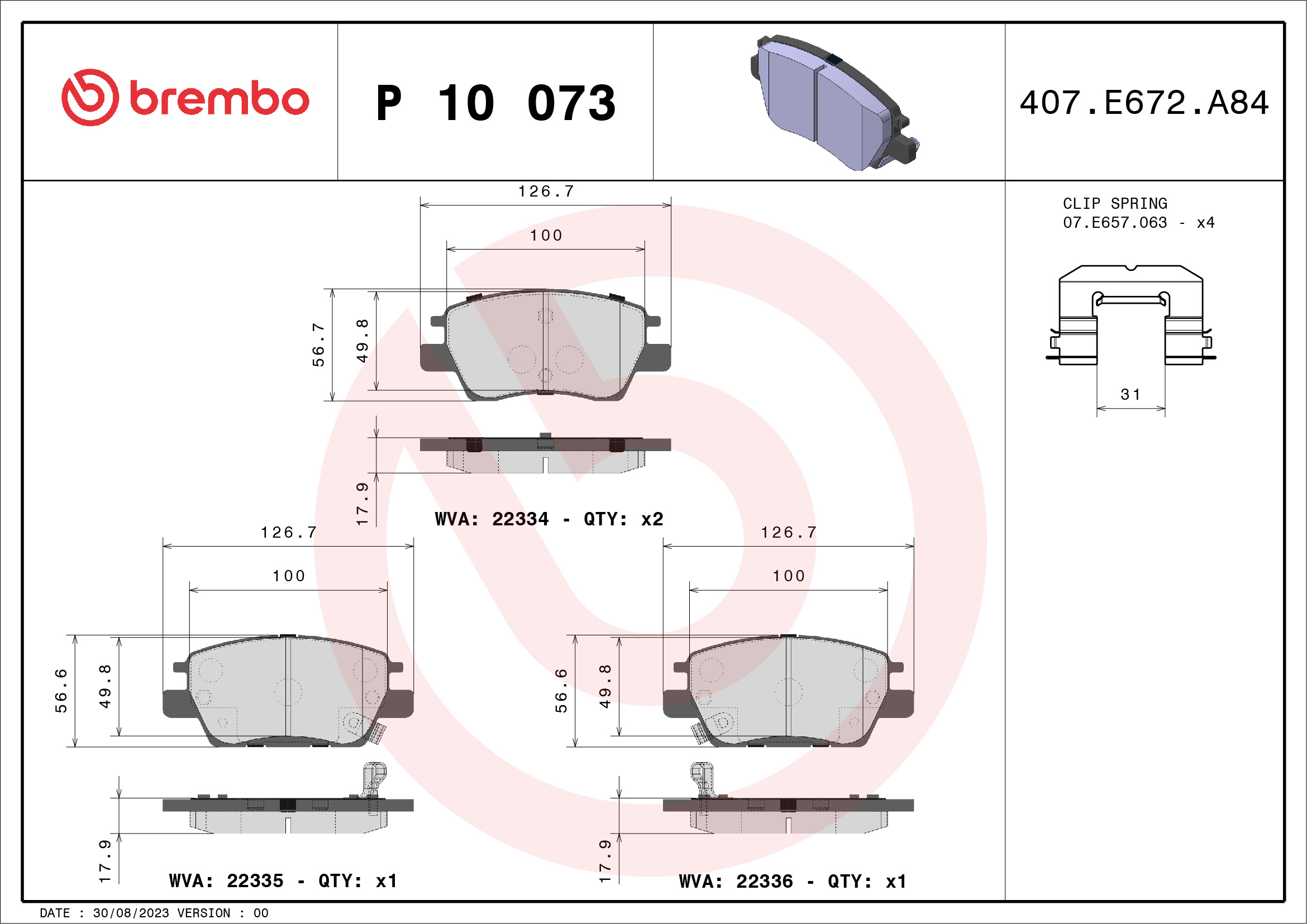 Jogo de 4 pastilhas de travão BREMBO ref. P 10 073