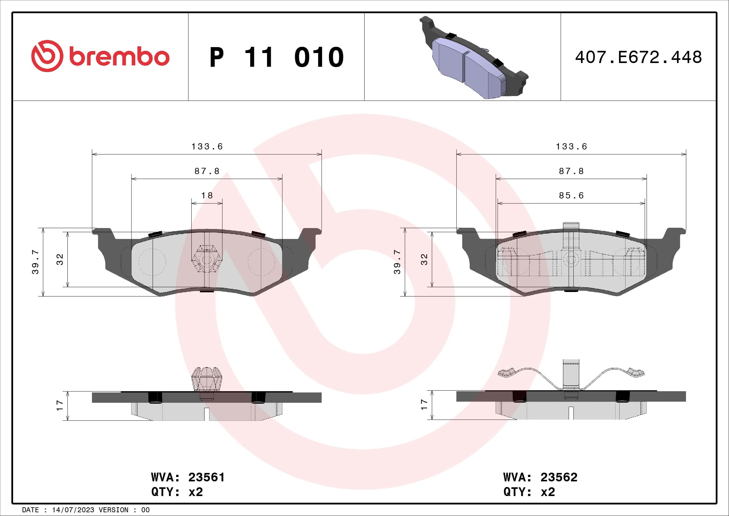 Jogo de 4 pastilhas de travão BREMBO ref. P 11 010