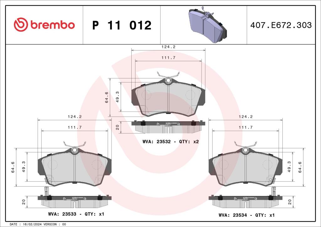 Jogo de 4 pastilhas de travão BREMBO ref. P 11 012